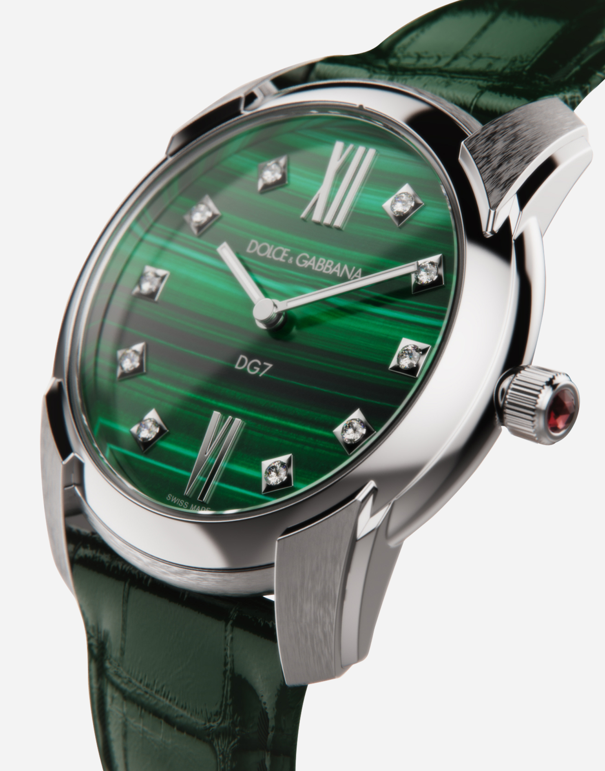 Shop Dolce & Gabbana Dg7 Watch In Steel With Malachite And Diamonds In Green