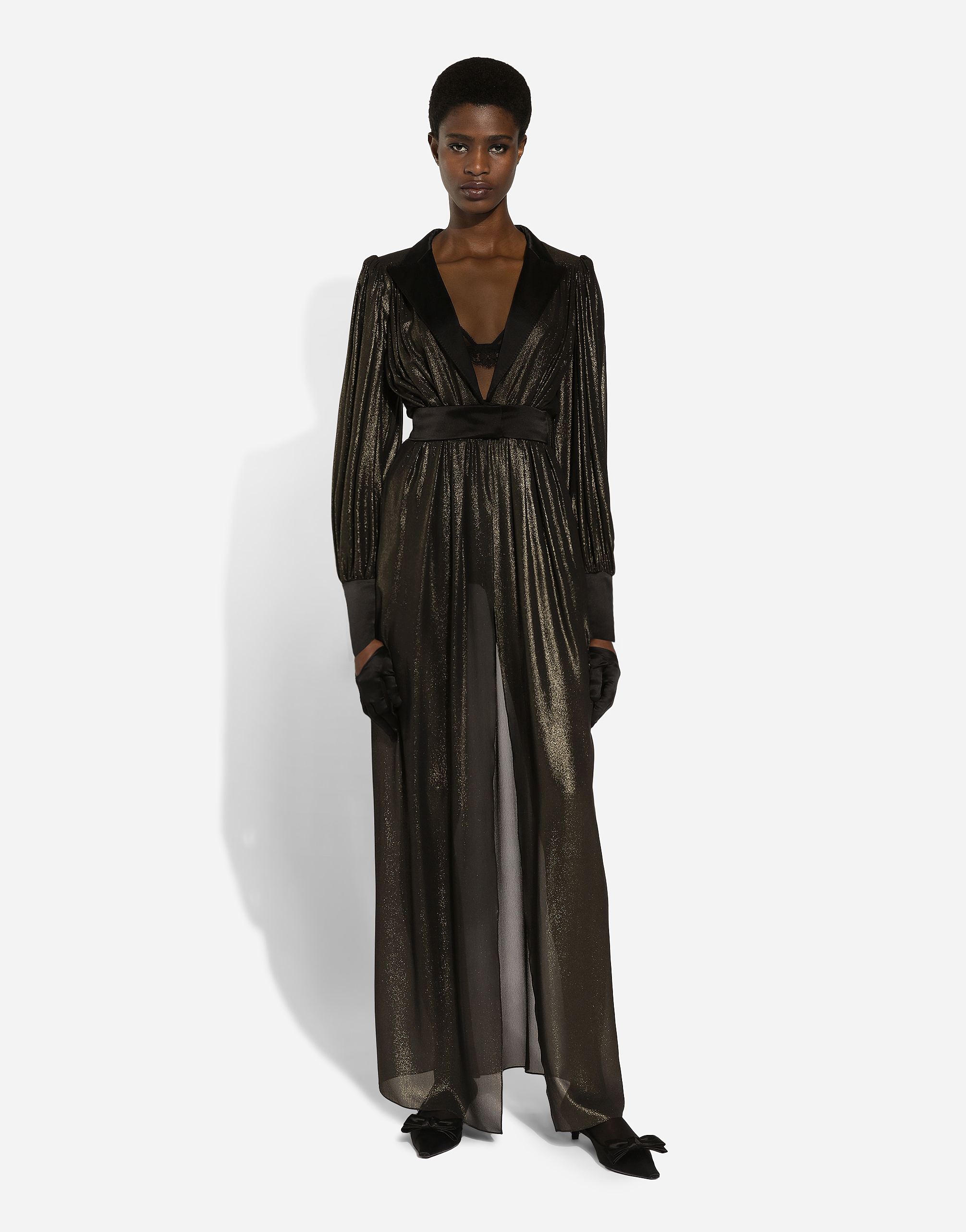 Dolce & Gabbana Long Foiled Silk Georgette Tuxedo Dress In Gold