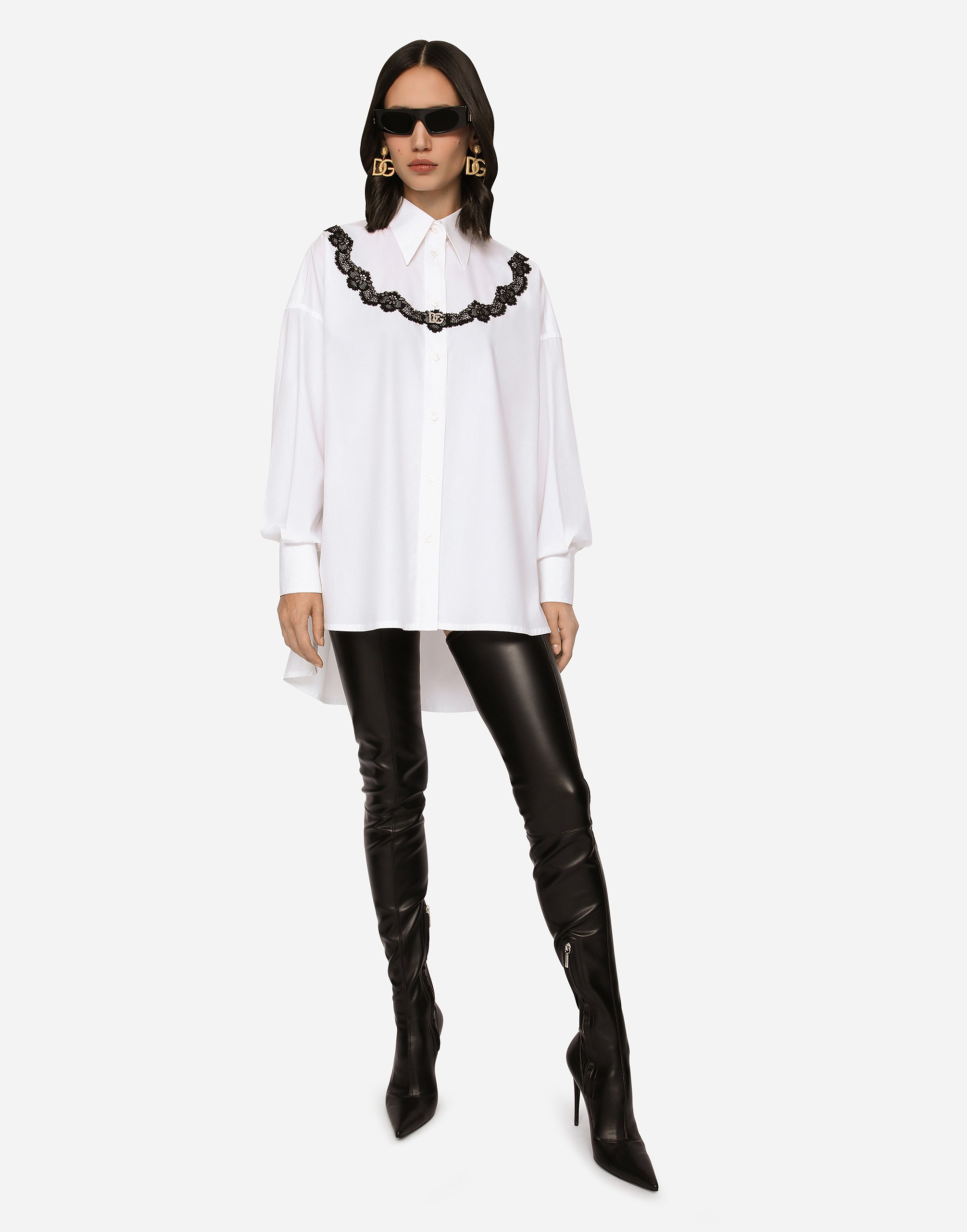 Dolce & Gabbana Dolce&gabbana Oversize Lace Yoke High-low Cotton Blend Button-up Shirt In White