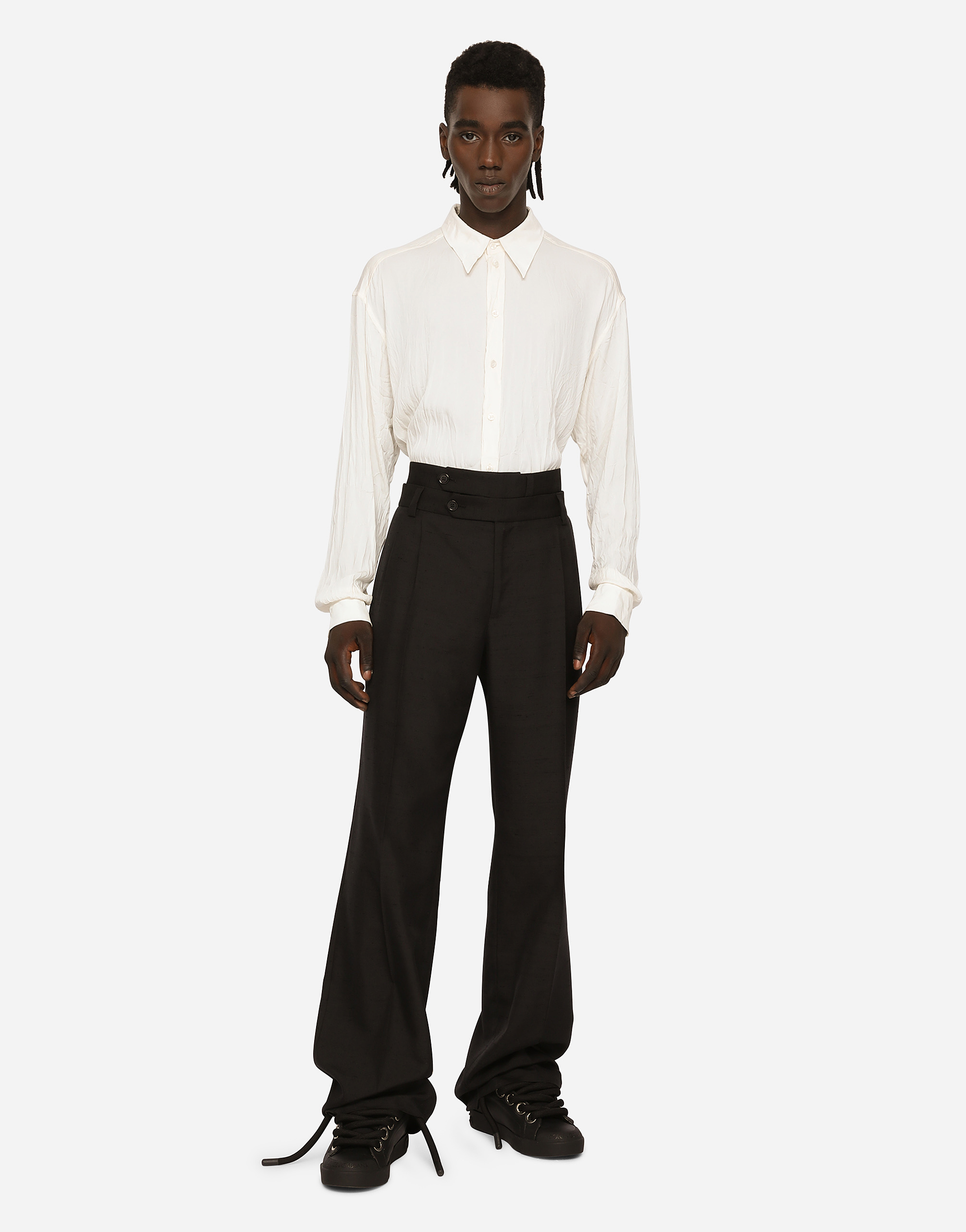 Shop Dolce & Gabbana Tailored Shantung Silk And Cotton Pants In Black