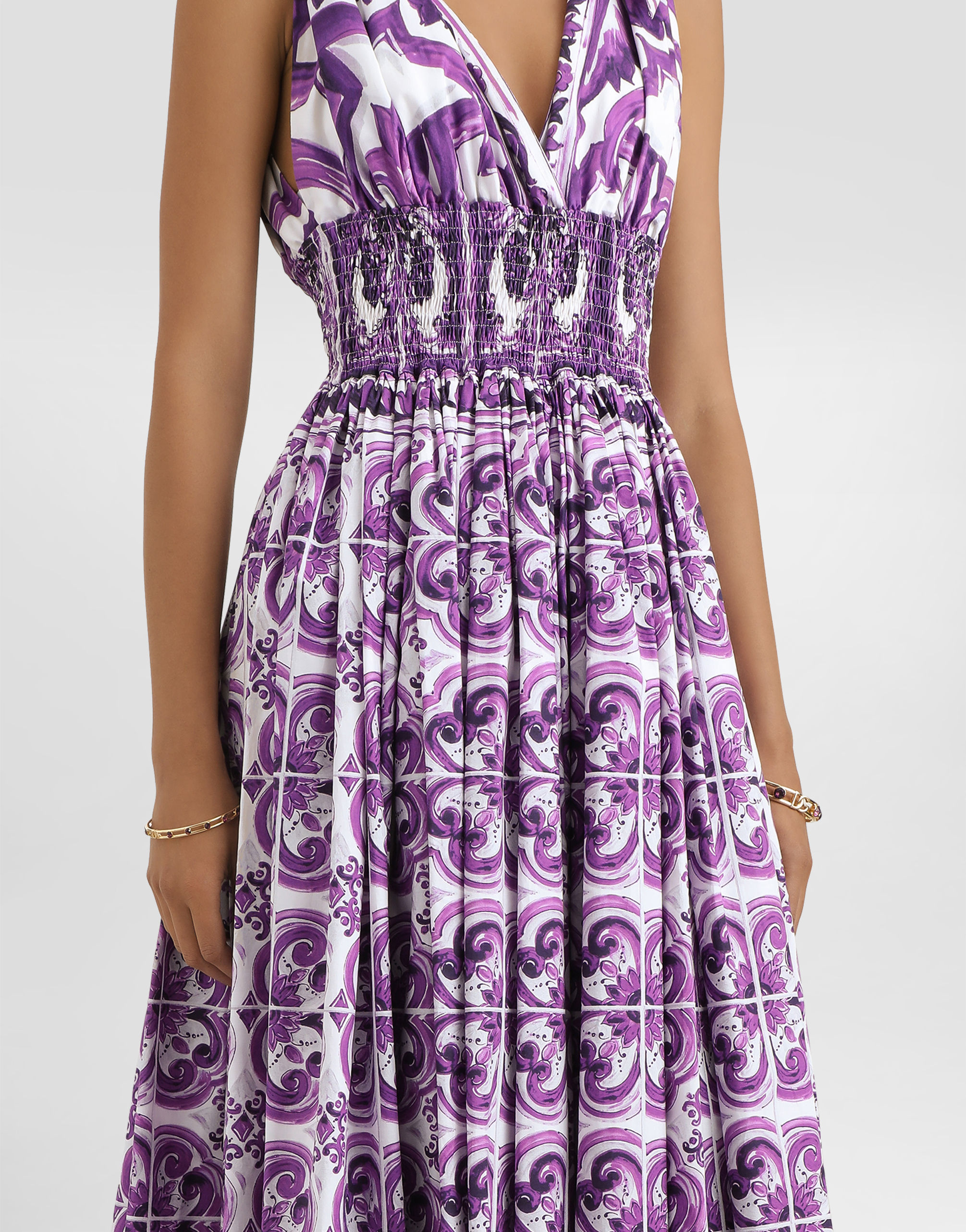 Dolce & Gabbana Smocked V-neck Maxi Dress With Tie Straps In Brown