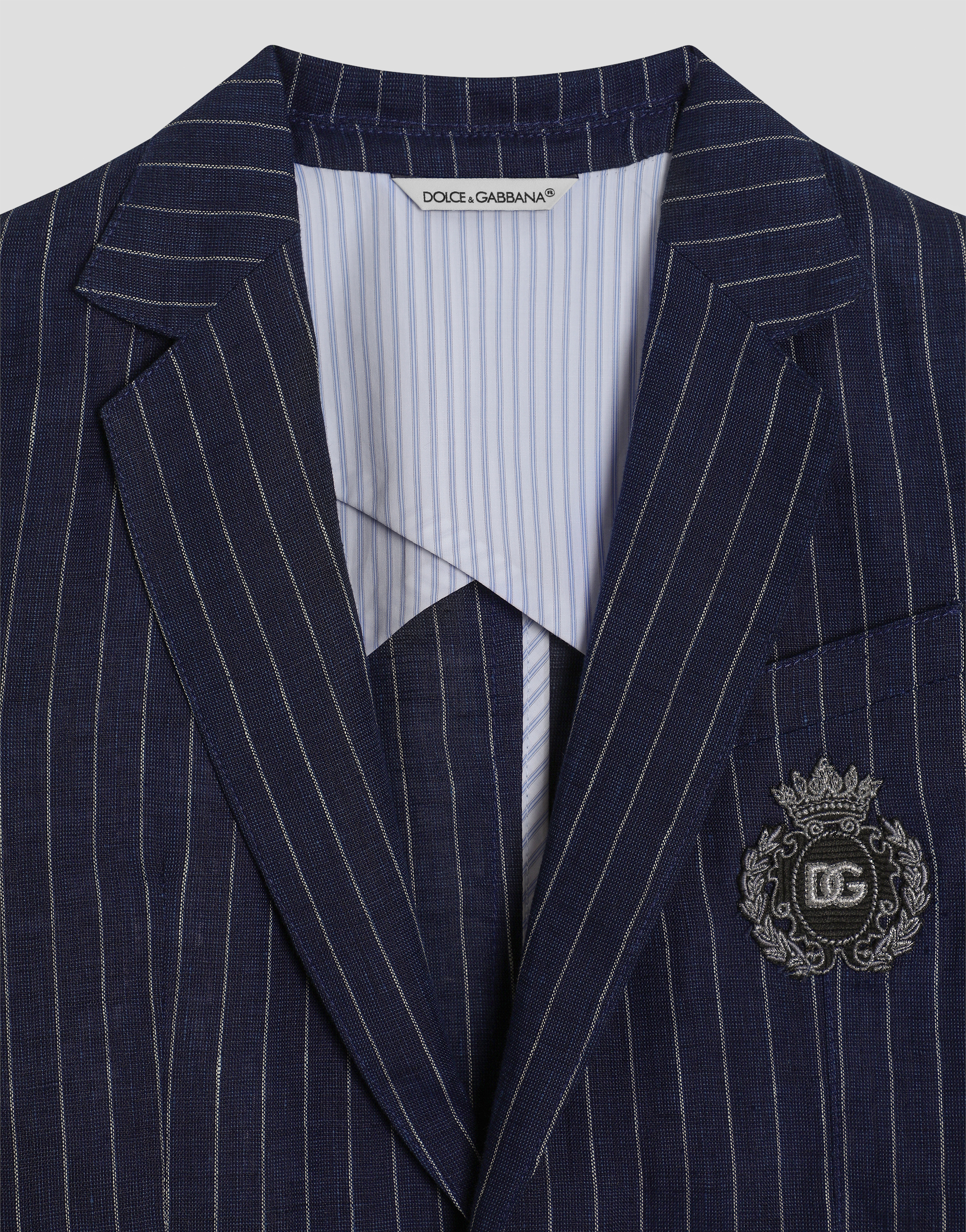 Dolce & Gabbana Single-breasted Pinstripe Linen Jacket With Patch In Multicolor