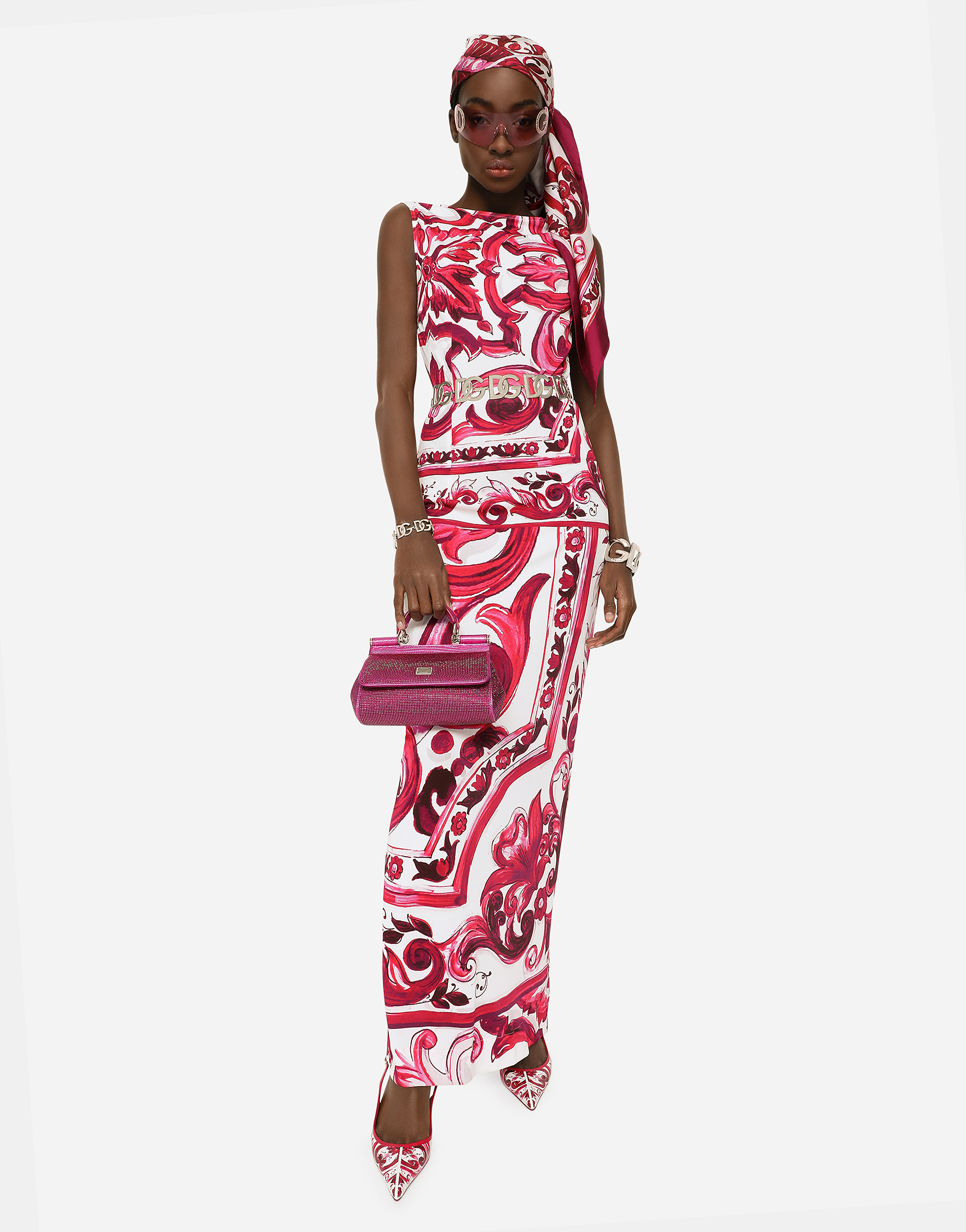 DOLCE & GABBANA LONG MAJOLICA-PRINT ORGANZINE DRESS