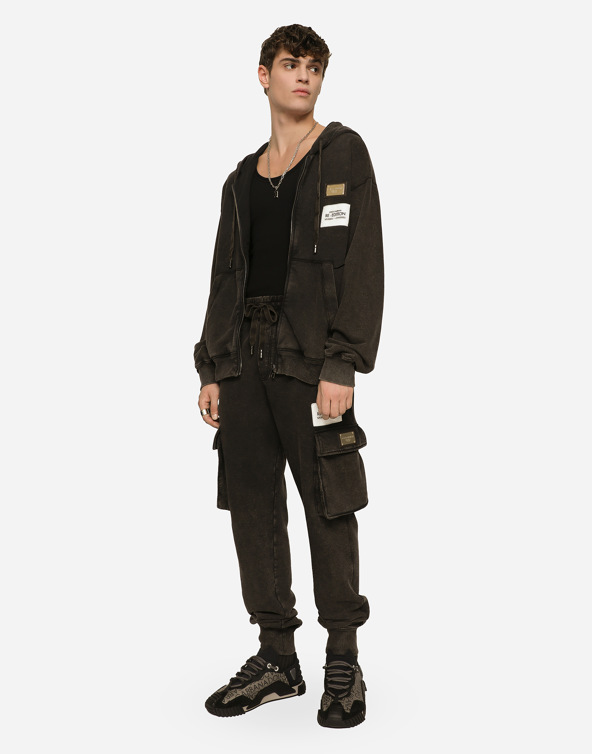 DOLCE & GABBANA WASHED JERSEY HOODIE WITH LOGO ZIPPER