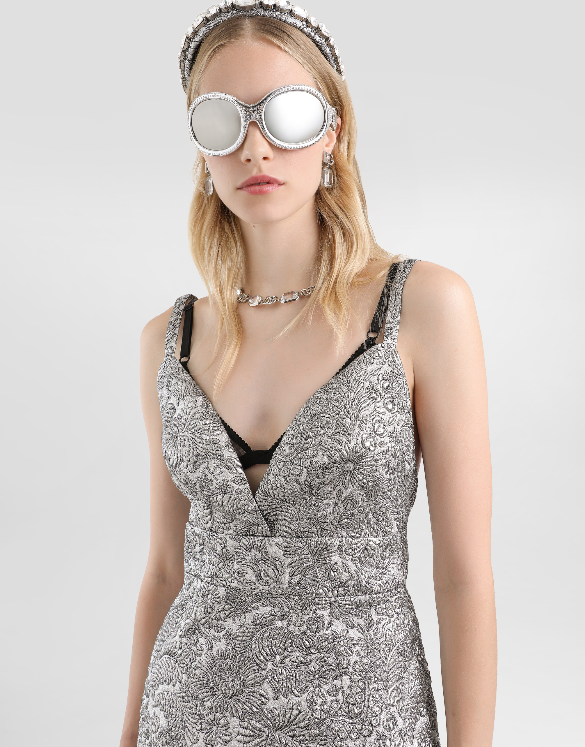 Dolce & Gabbana Floral-jacquard Dress In Gray