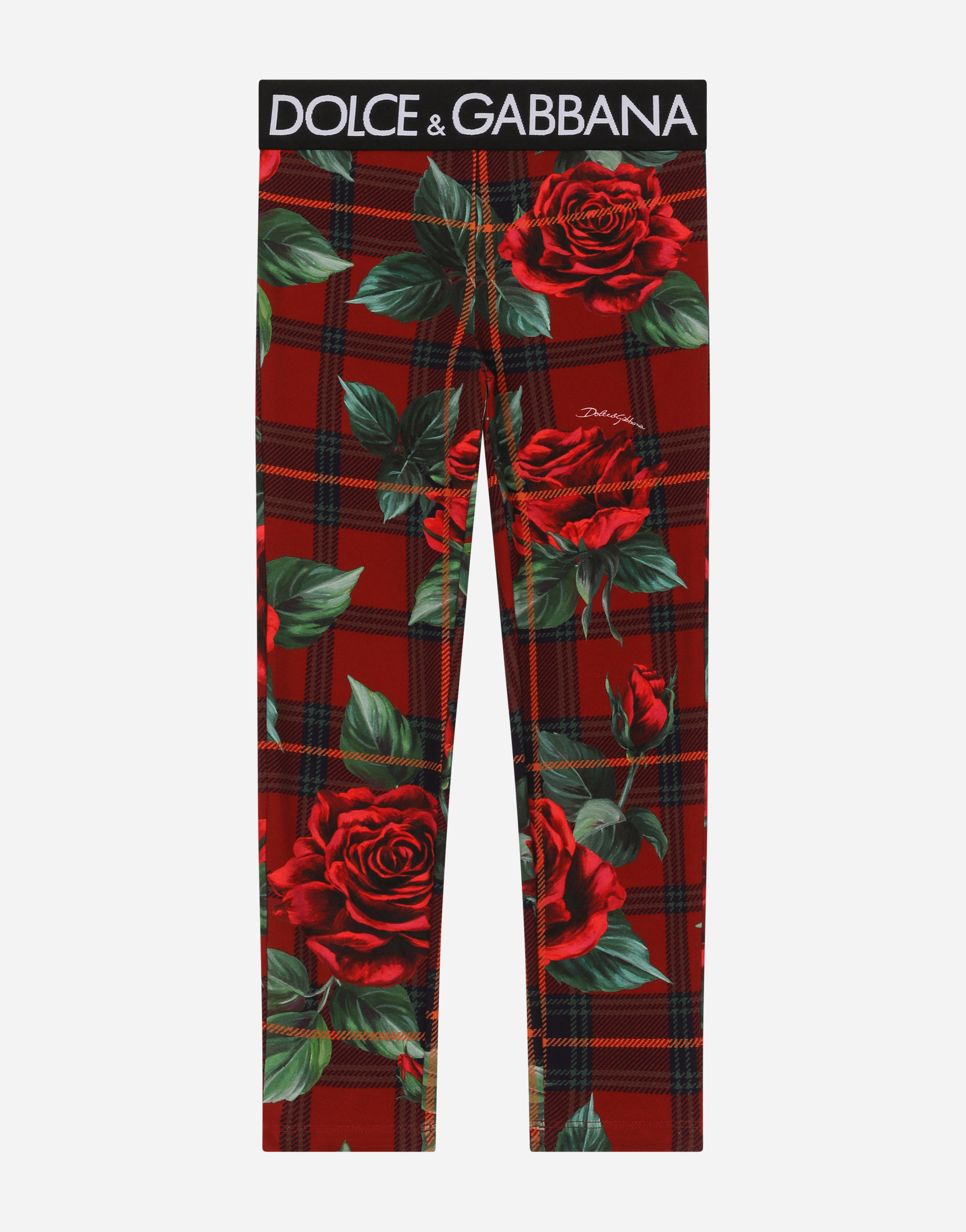 Dolce & Gabbana Interlock Leggings With Tartan And Rose Print In Red