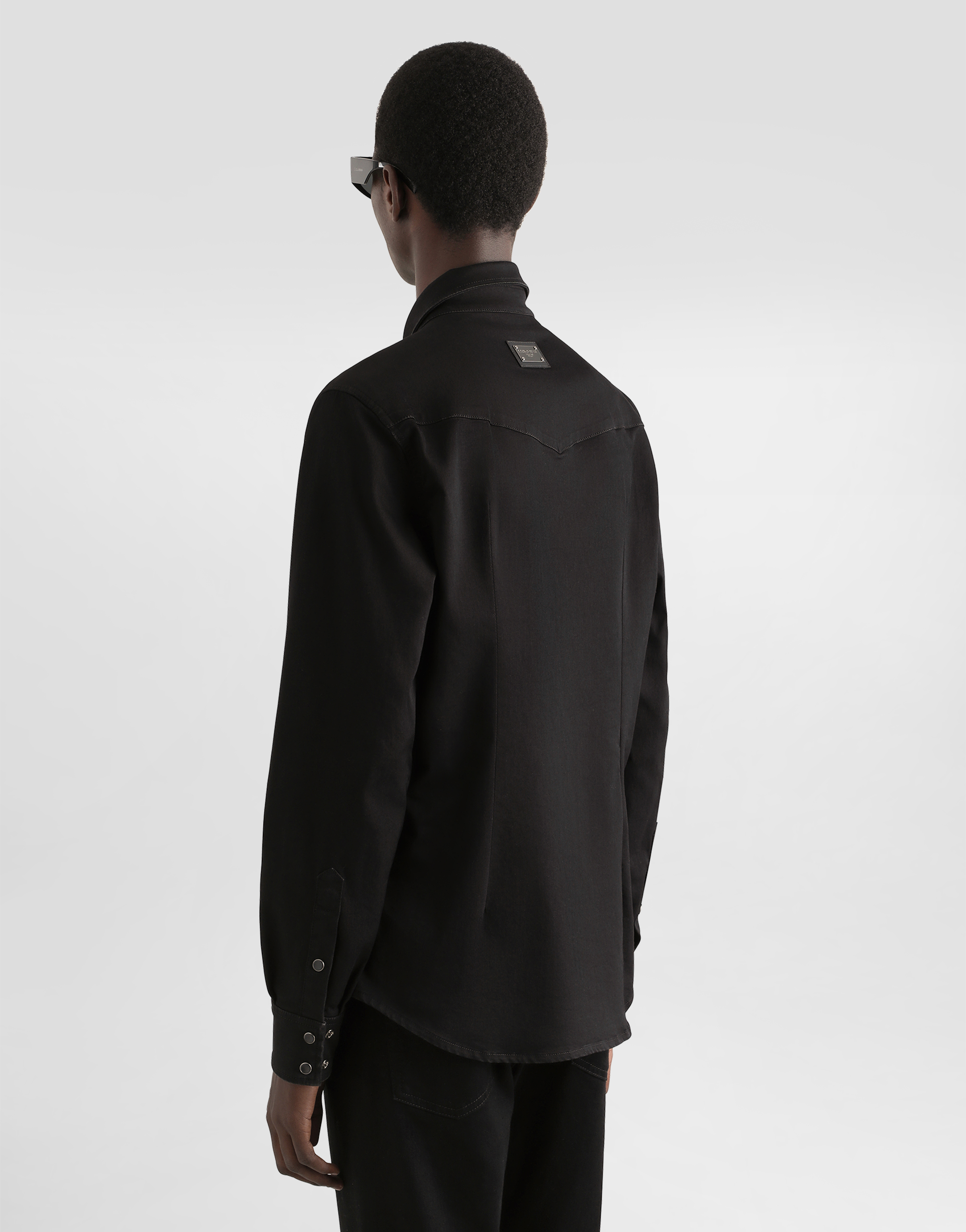 Coated black stretch denim shirt