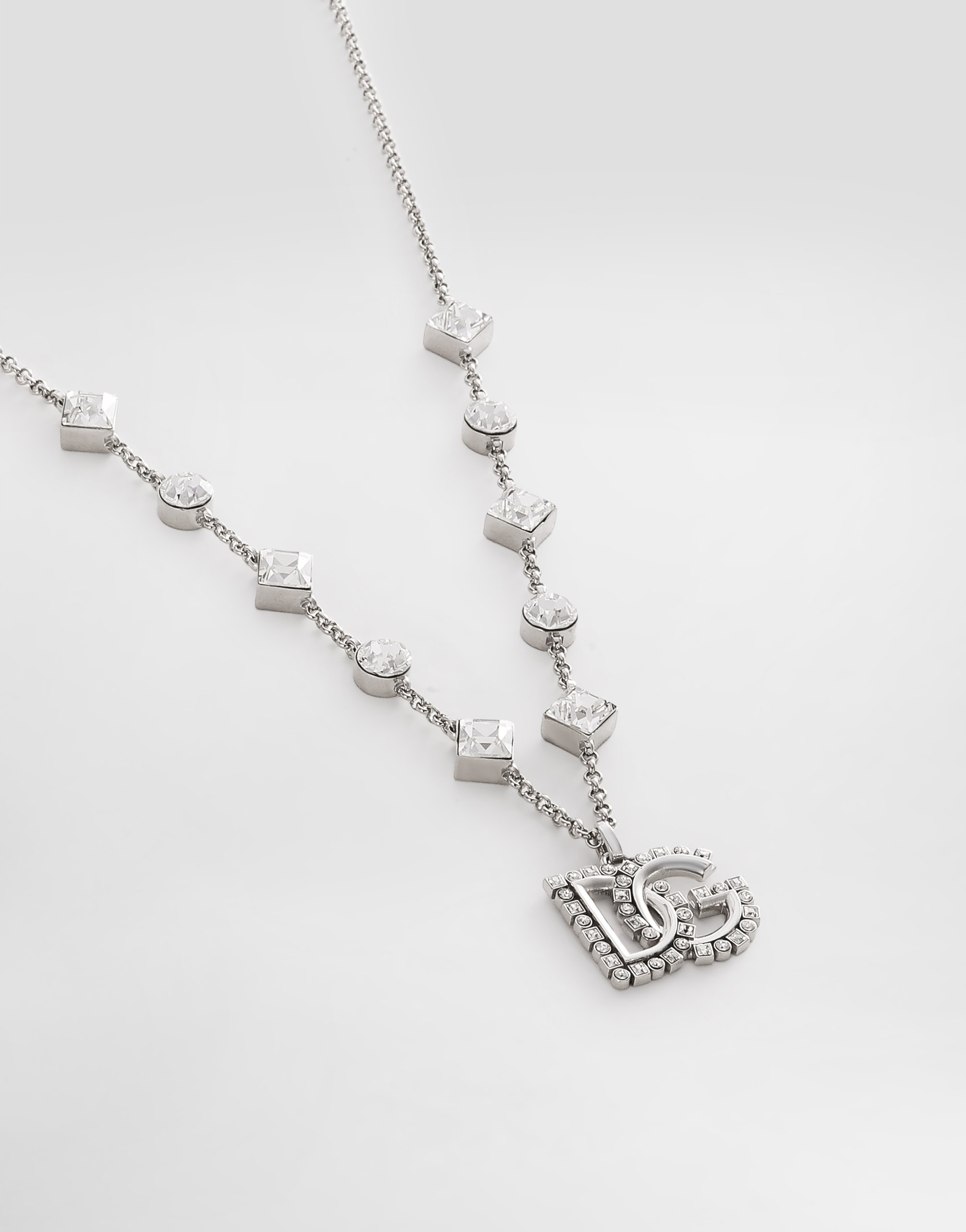 Dolce & Gabbana Fine Link Necklace With Rhinestone-detailed Dg Logo And Accents In Silver