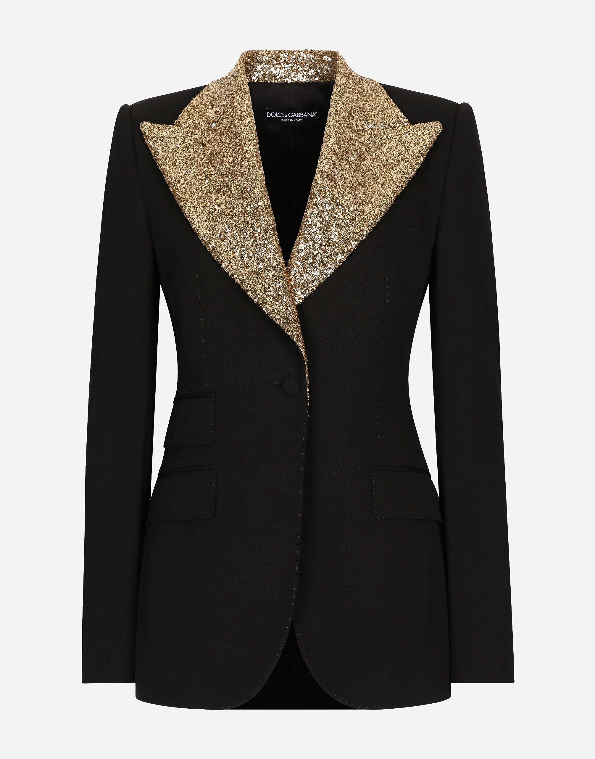 Dolce & Gabbana Single-breasted Wool Turlington Jacket With Sequined Lapels - Woman Blazers Black Wool