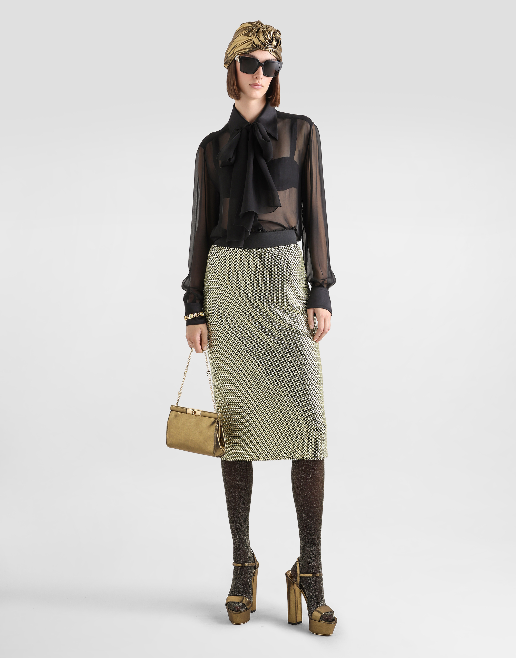 Dolce & Gabbana Midi Pencil Skirt In Crystal Mesh In Oro