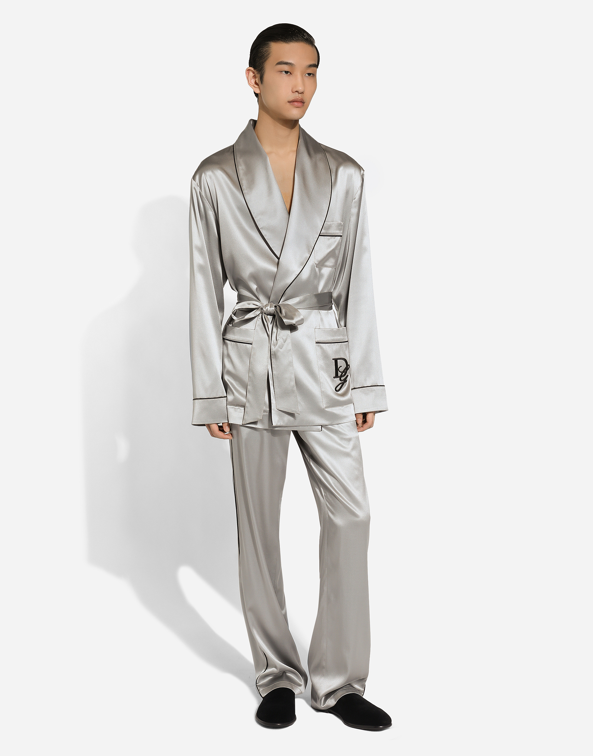 Shop Dolce & Gabbana Silk Satin Robe In Grey