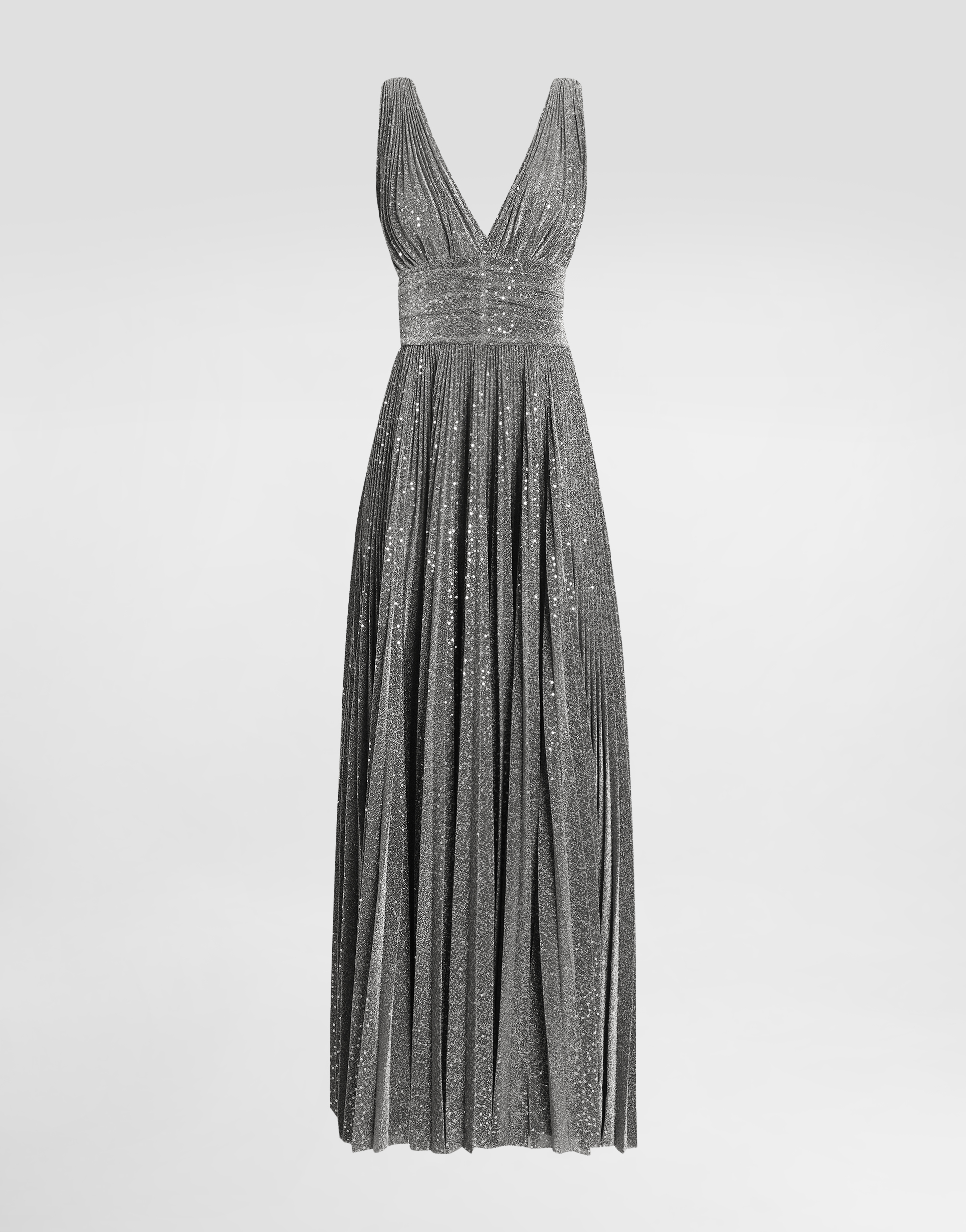 Dolce & Gabbana Long Pleated Dress With Micro-sequin Embellishment In Silver