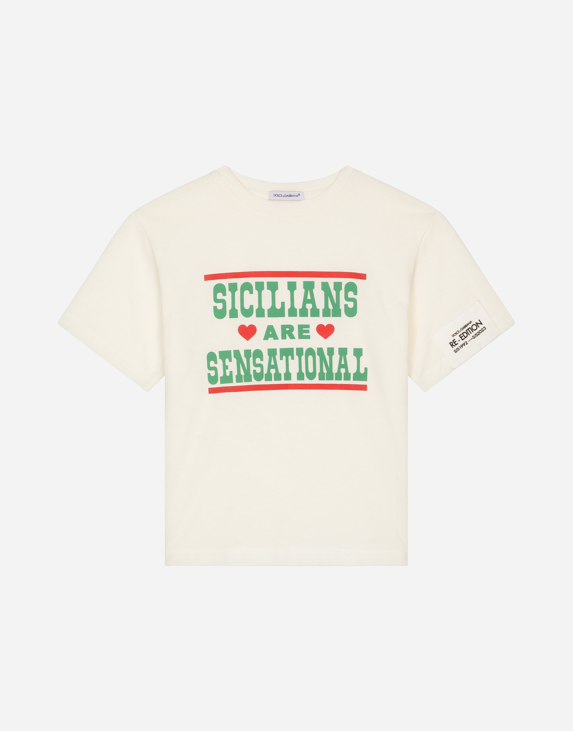 Dolce & Gabbana Kids' Jersey T-shirt With Sicilians Are Sensational Print In White