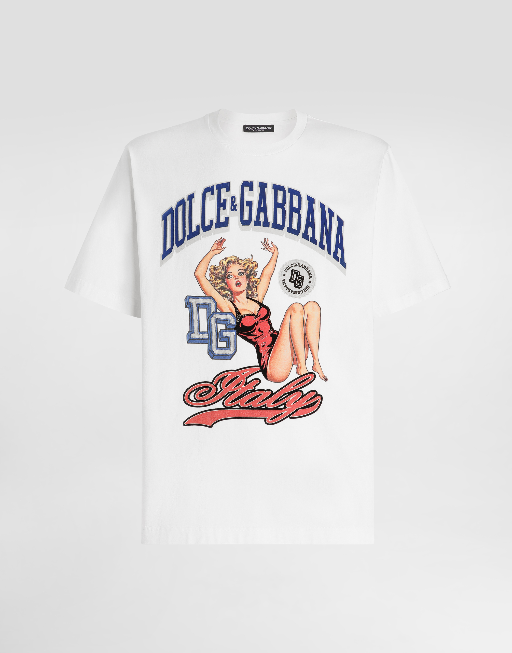 Cotton t-shirt with print and embroidery in Cream for Men