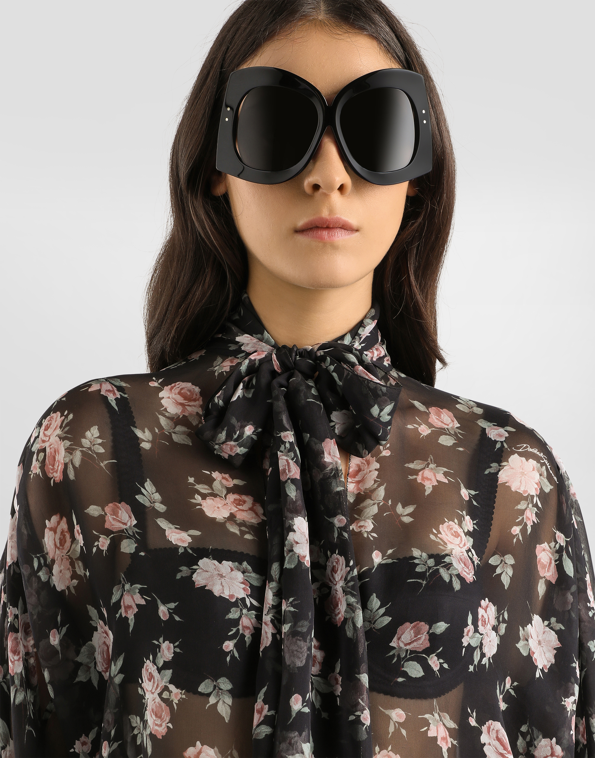 Dolce & Gabbana Vintage Rose-print Chiffon Top In Black