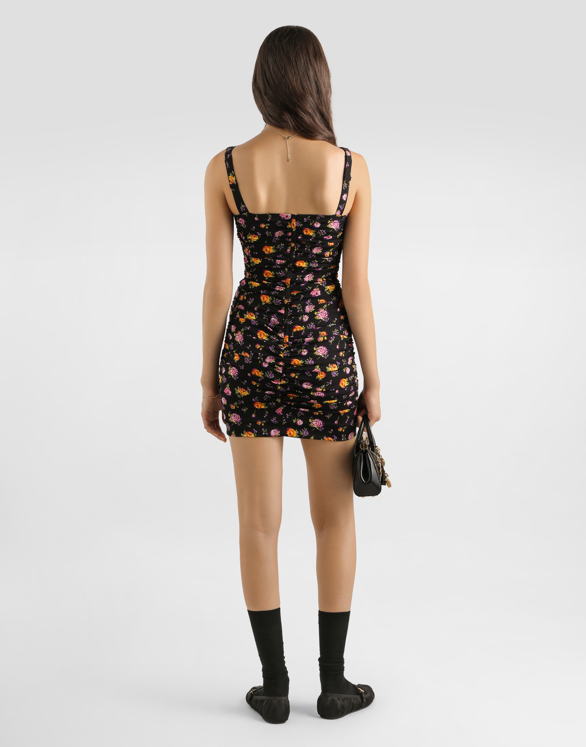 Dolce & Gabbana Small Rose Bouquets-print Draped Charmeuse Dress In Multi