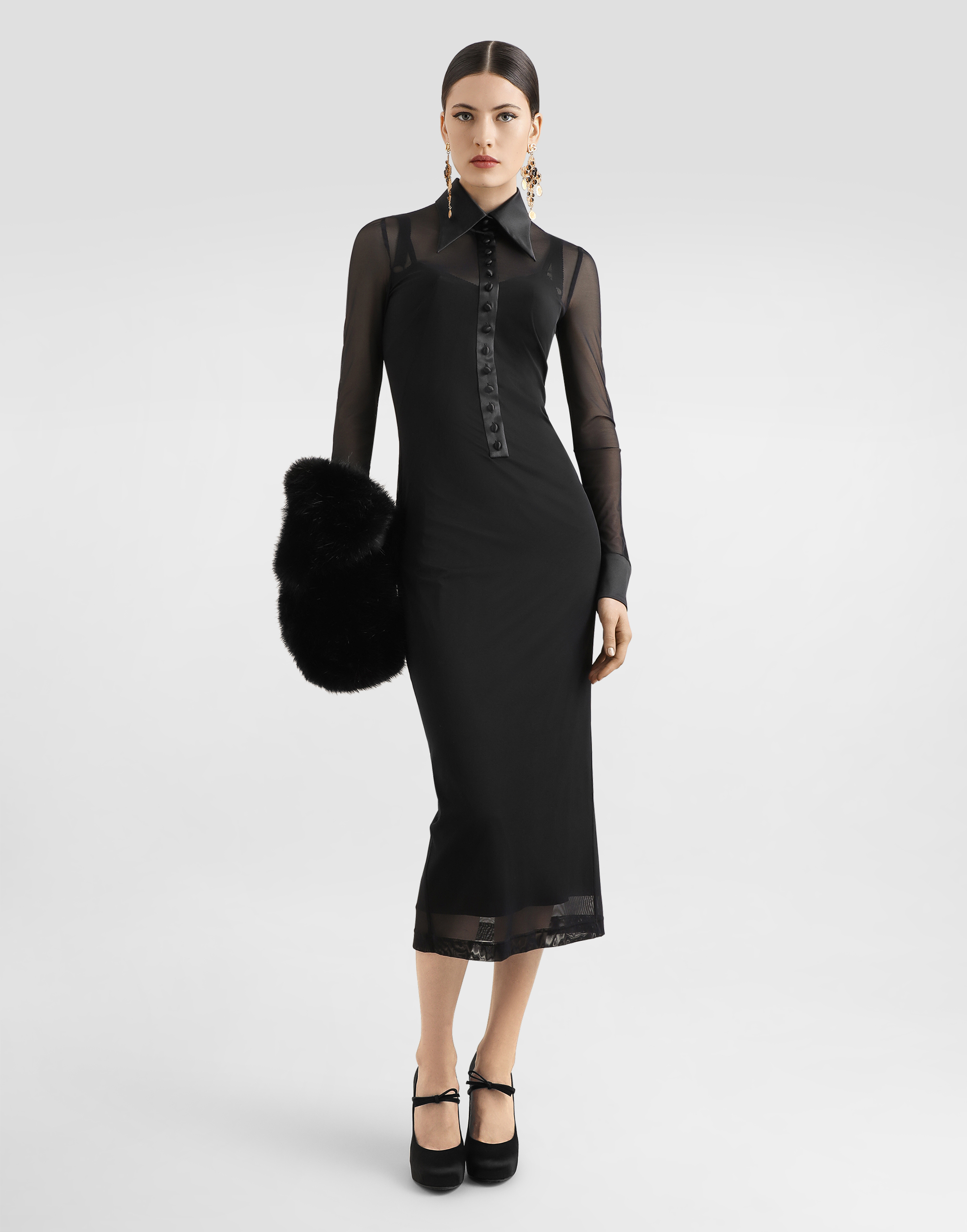 Dolce & Gabbana Tulle Shirt Dress With Satin Details In Black