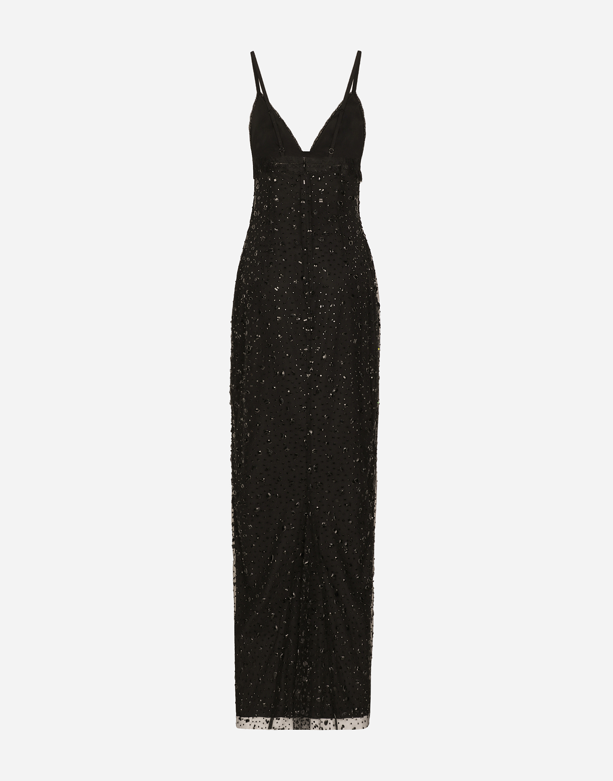 DOLCE & GABBANA LONG TULLE SLIP DRESS WITH ALL-OVER RHINESTONE EMBELLISHMENT