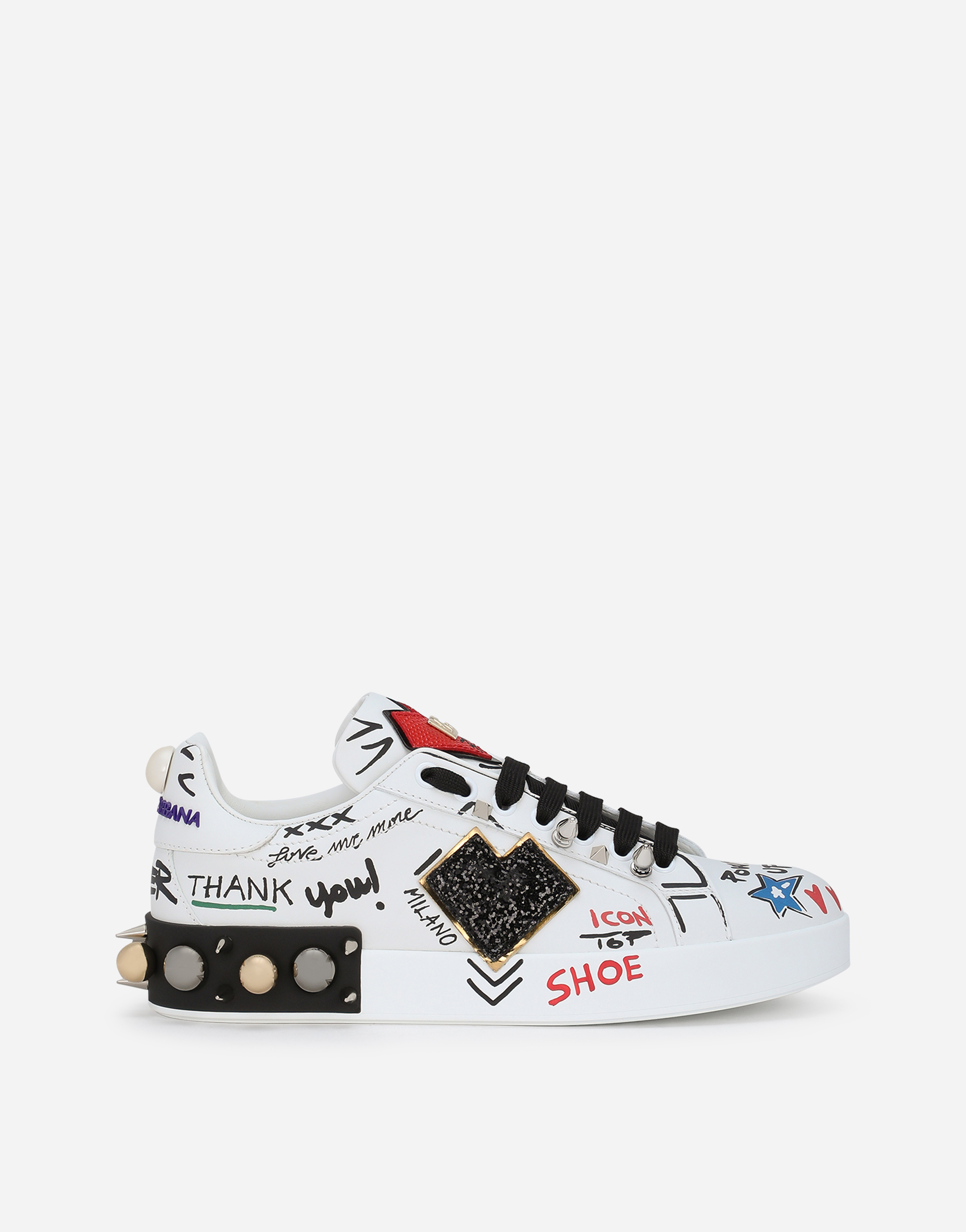 Dolce & Gabbana Printed Calfskin Portofino Sneakers With Patch In Multicolor