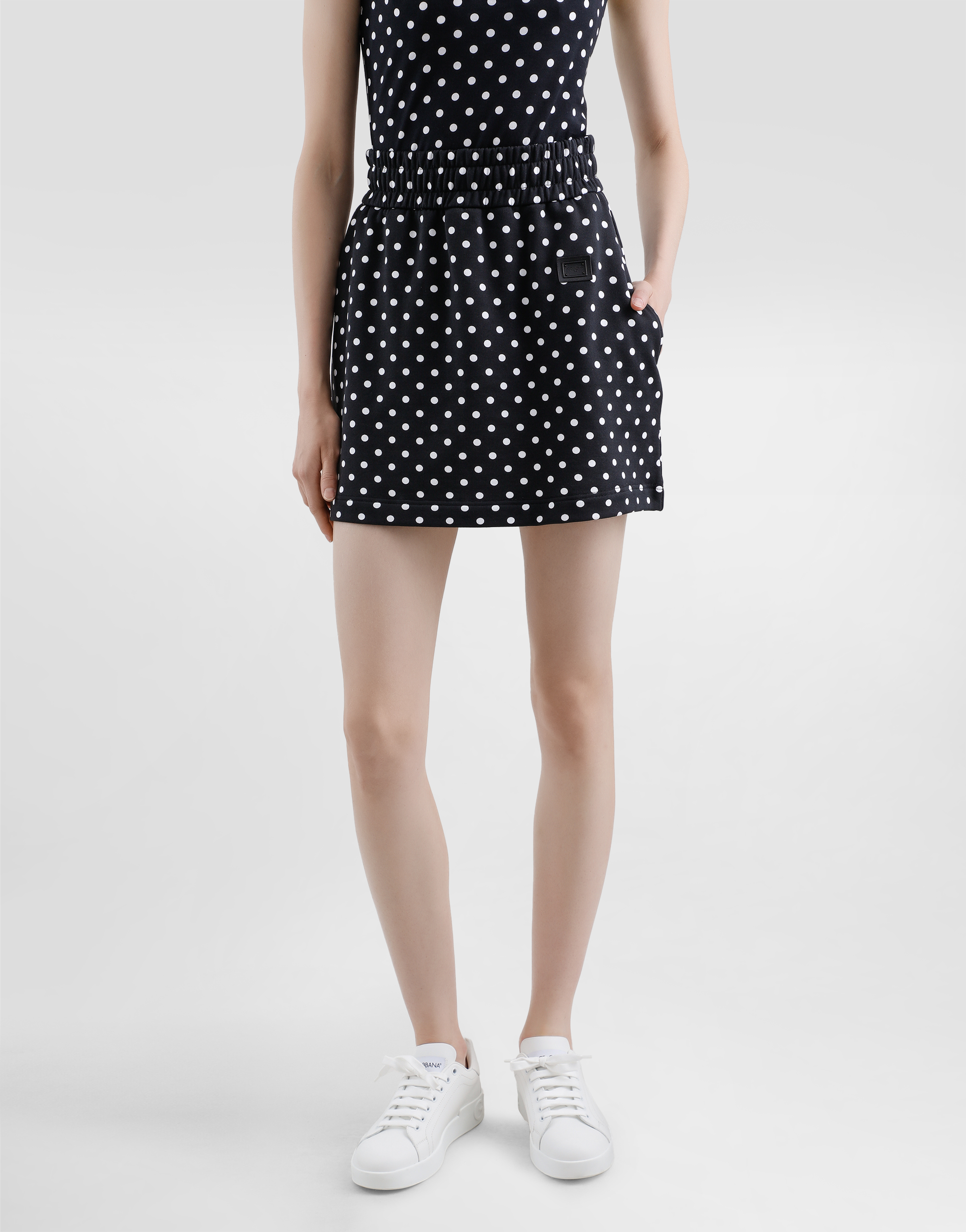 Dolce & Gabbana Jersey Miniskirt With Polka-dot Print And Logo Label In Multicolor