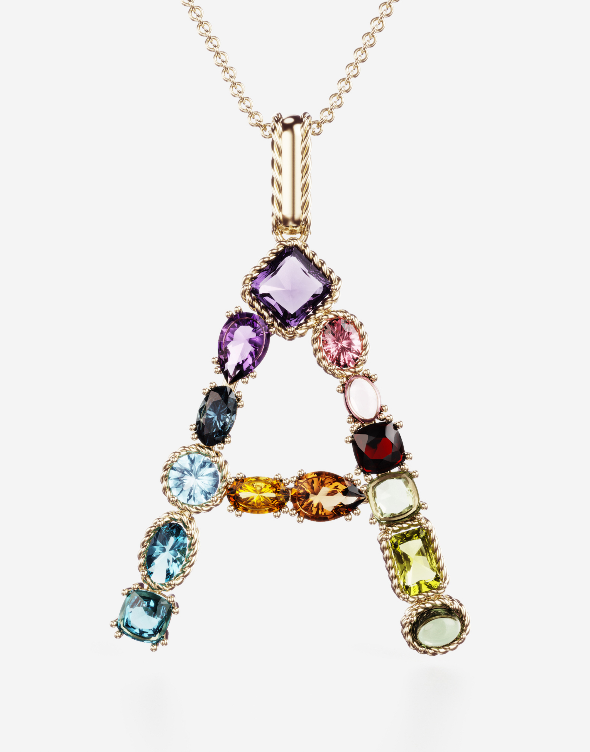 Shop Dolce & Gabbana Rainbow Alphabet A Pendant In Yellow Gold With Multicolor Fine Gems