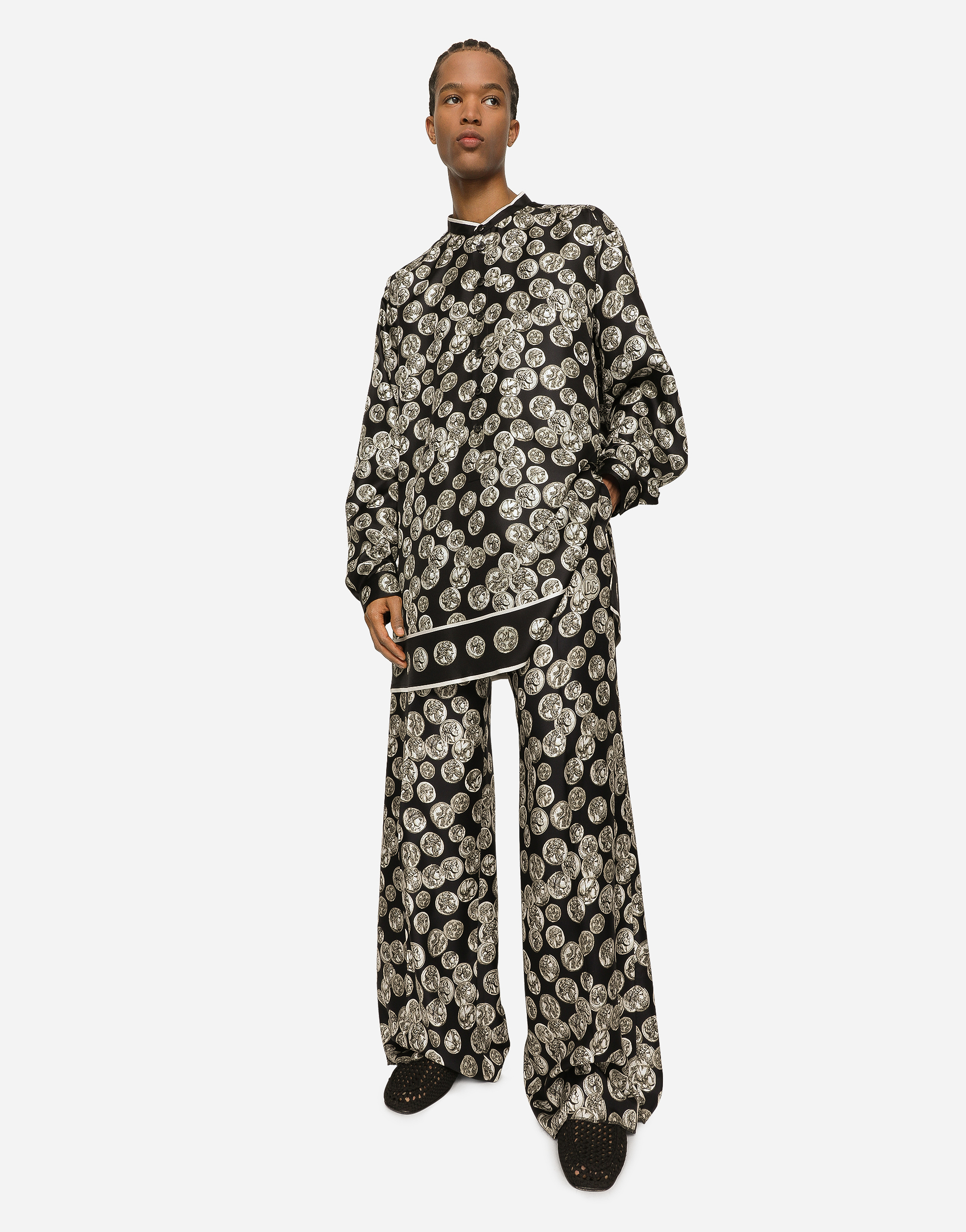 DOLCE & GABBANA COIN PRINT LONG SILK TWILL SHIRT