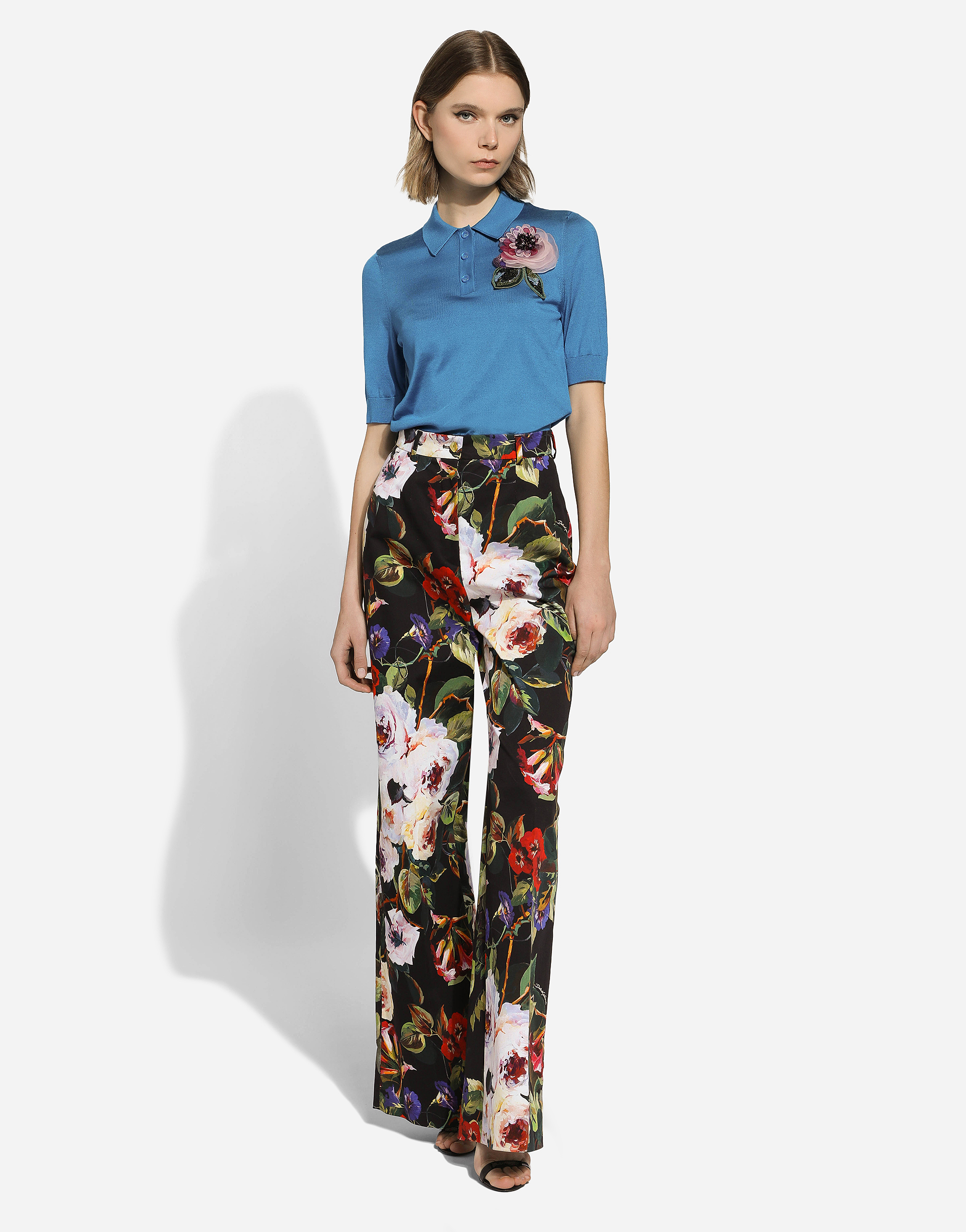 Shop Dolce & Gabbana Silk Polo-shirt With Flower Appliqué In グリーン