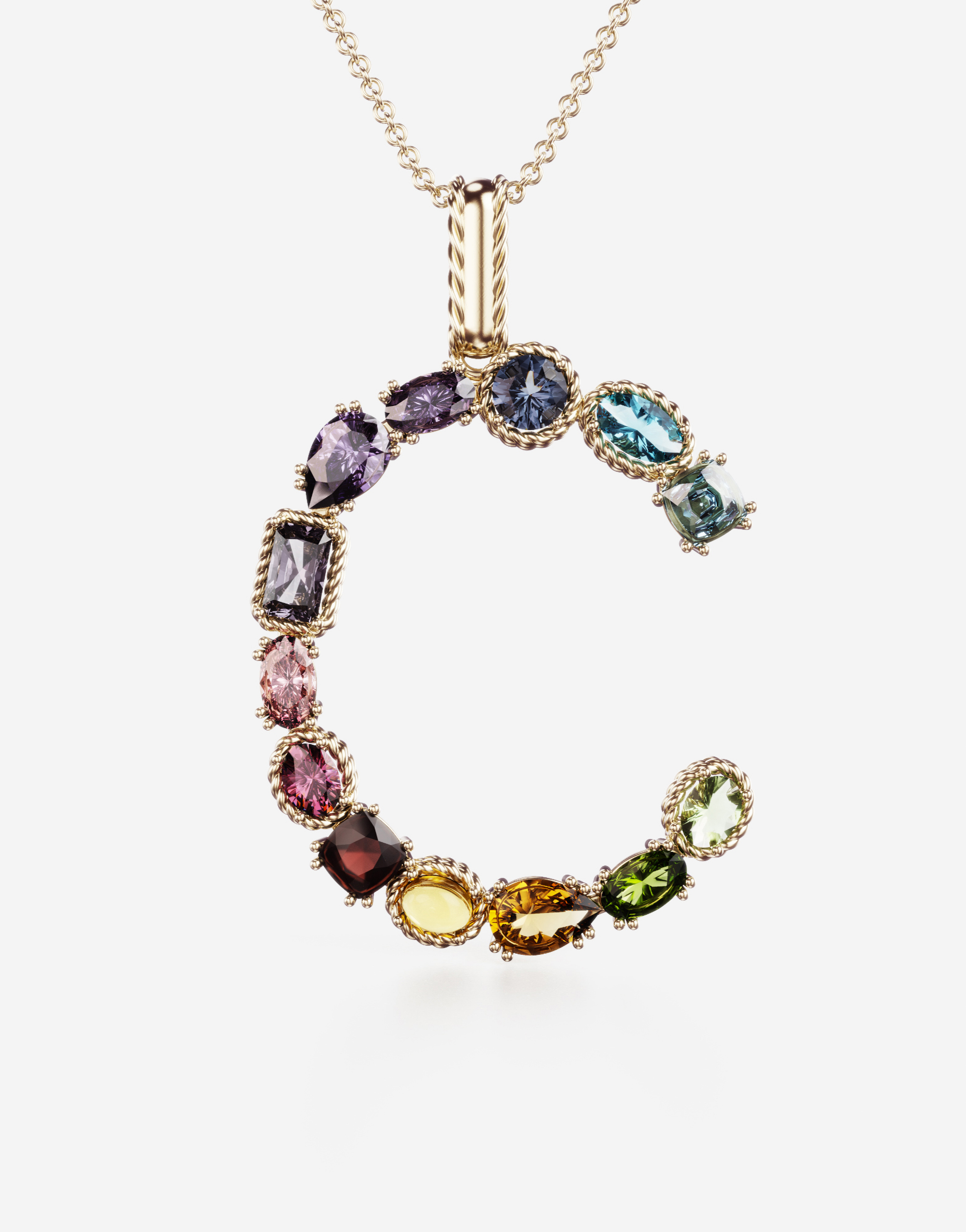 Shop Dolce & Gabbana Rainbow Alphabet C Pendant In Yellow Gold With Multicolor Fine Gems