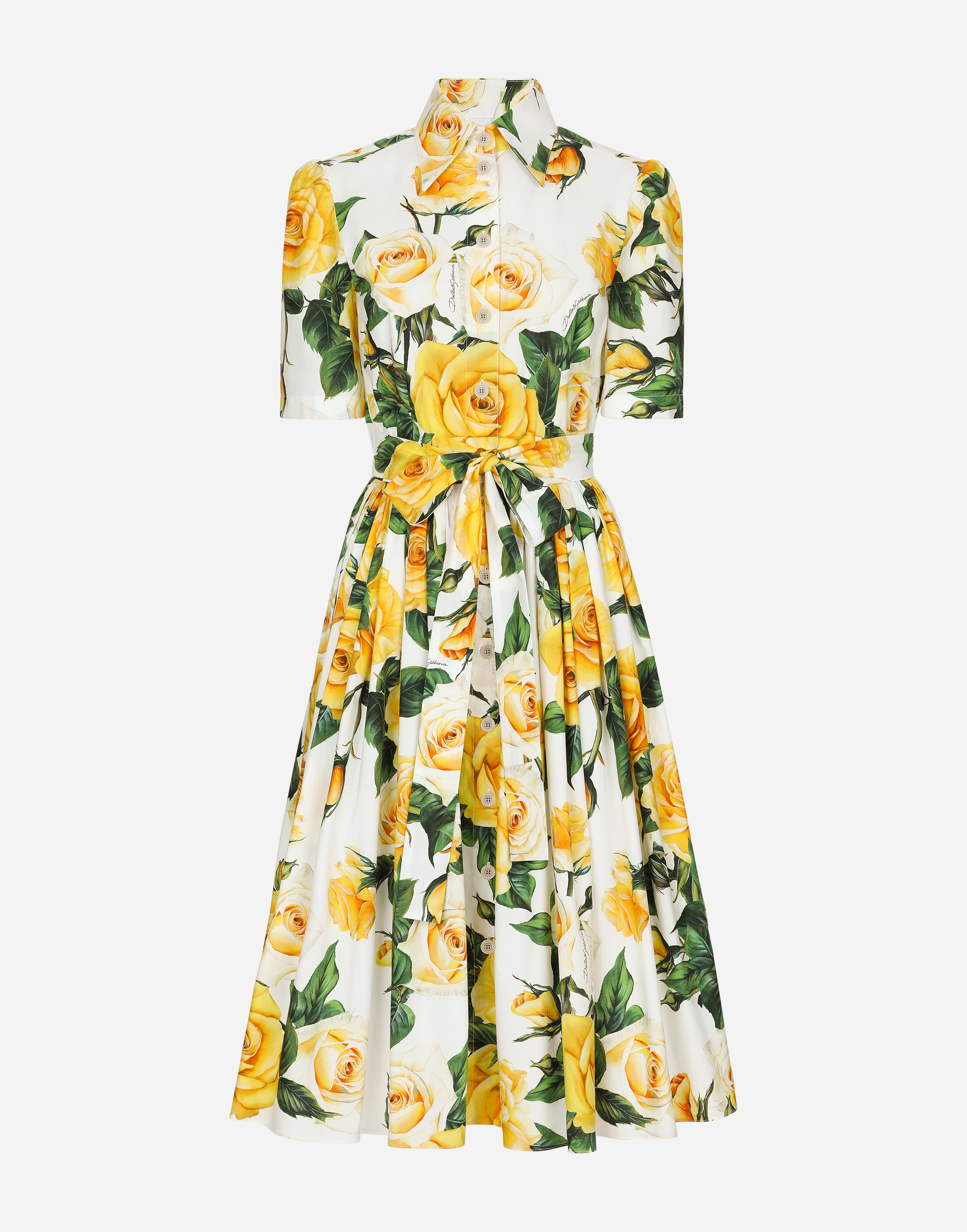 Shop Dolce & Gabbana Cotton Shirt Dress With Yellow Rose Print