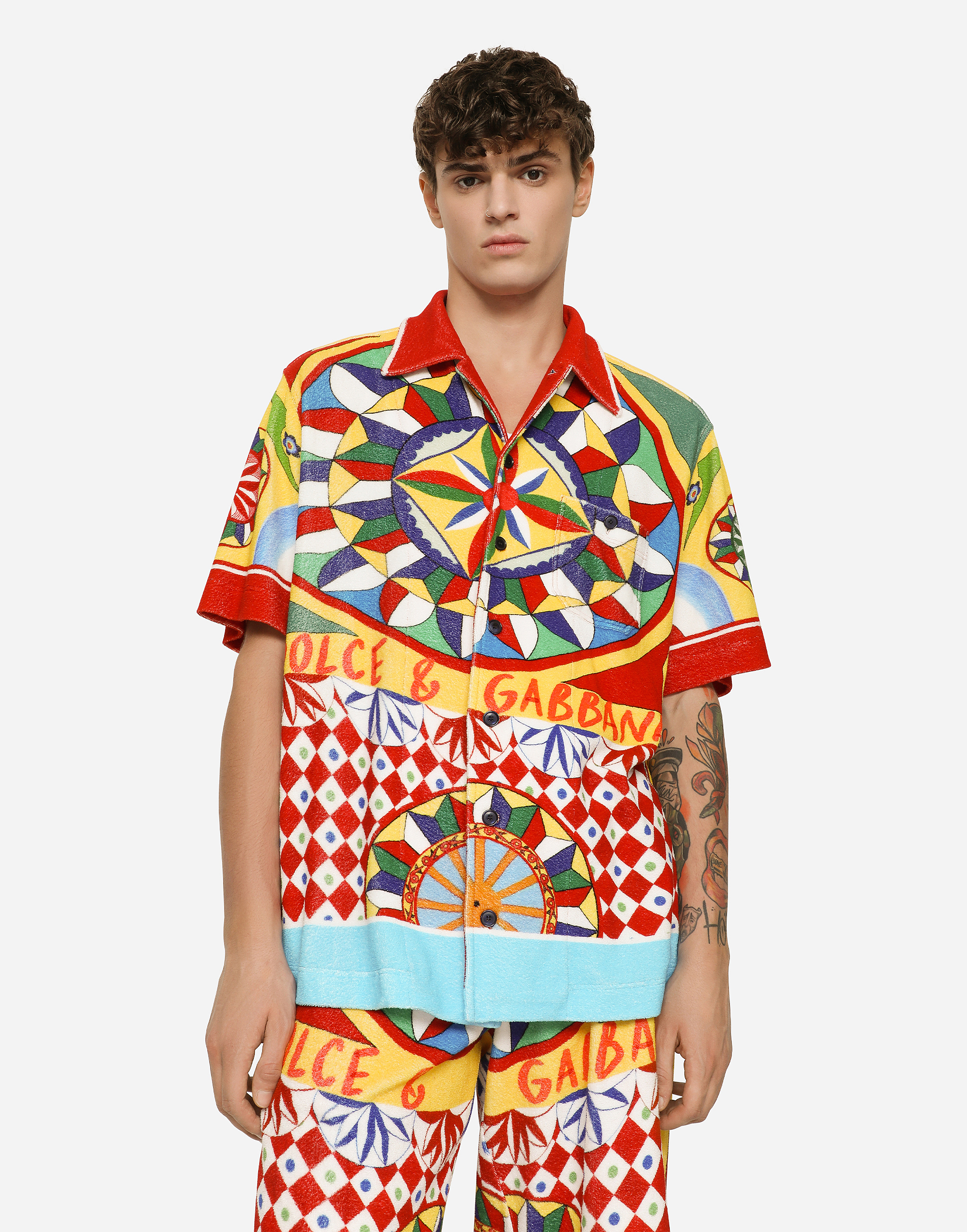 DOLCE & GABBANA TERRY JERSEY HAWAIIAN SHIRT WITH CARRETTO PRINT