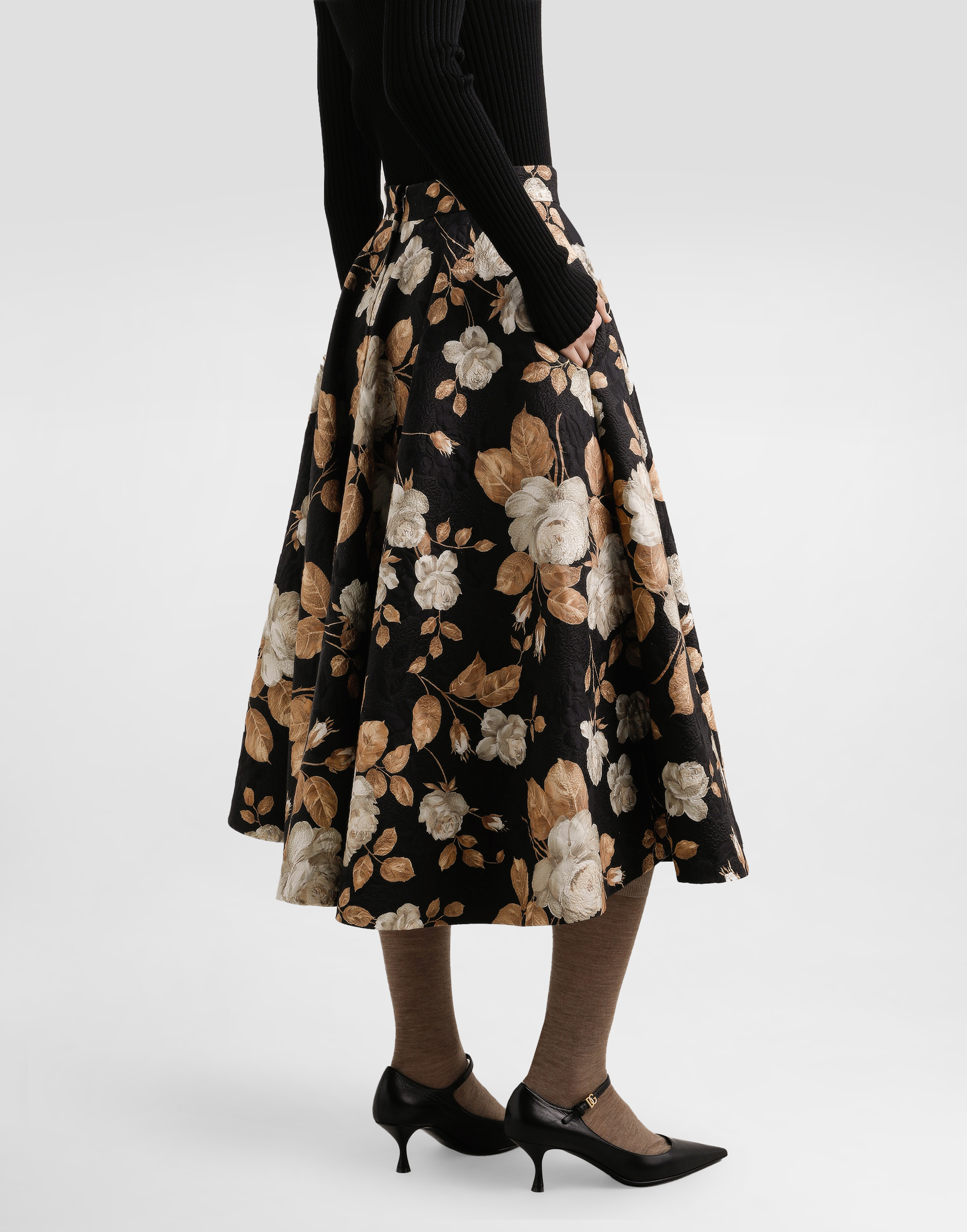 Dolce & Gabbana Vintage Rose-print Brocade Midi Skirt In Brown