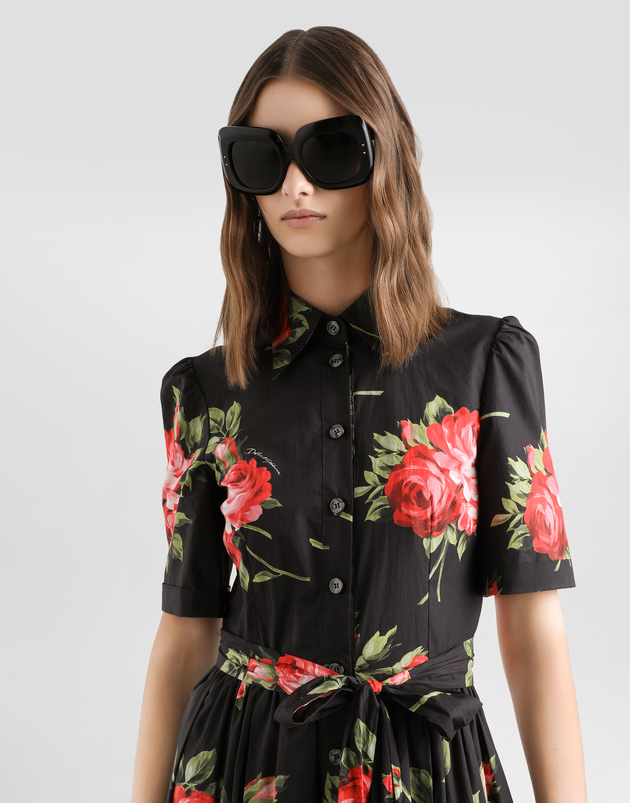 Rose bouquet-print poplin shirt dress