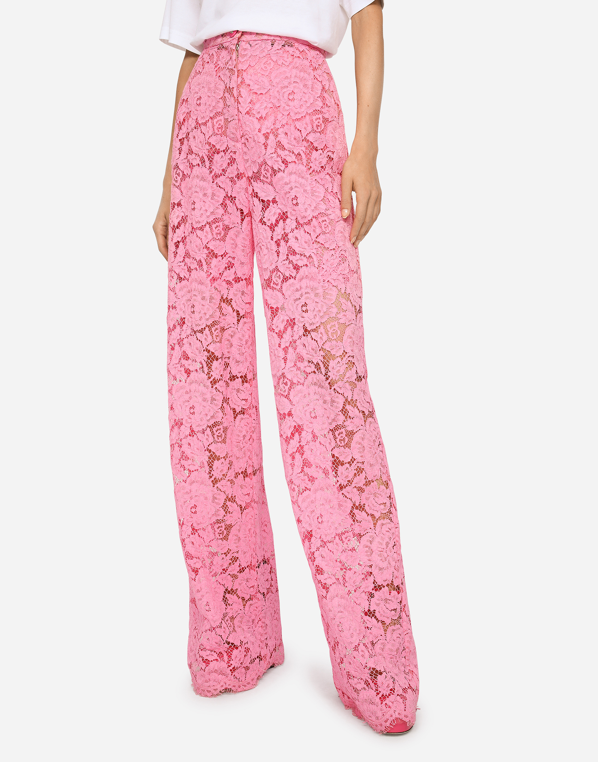 Shop Dolce & Gabbana Flared Branded Stretch Lace Pants In Pink