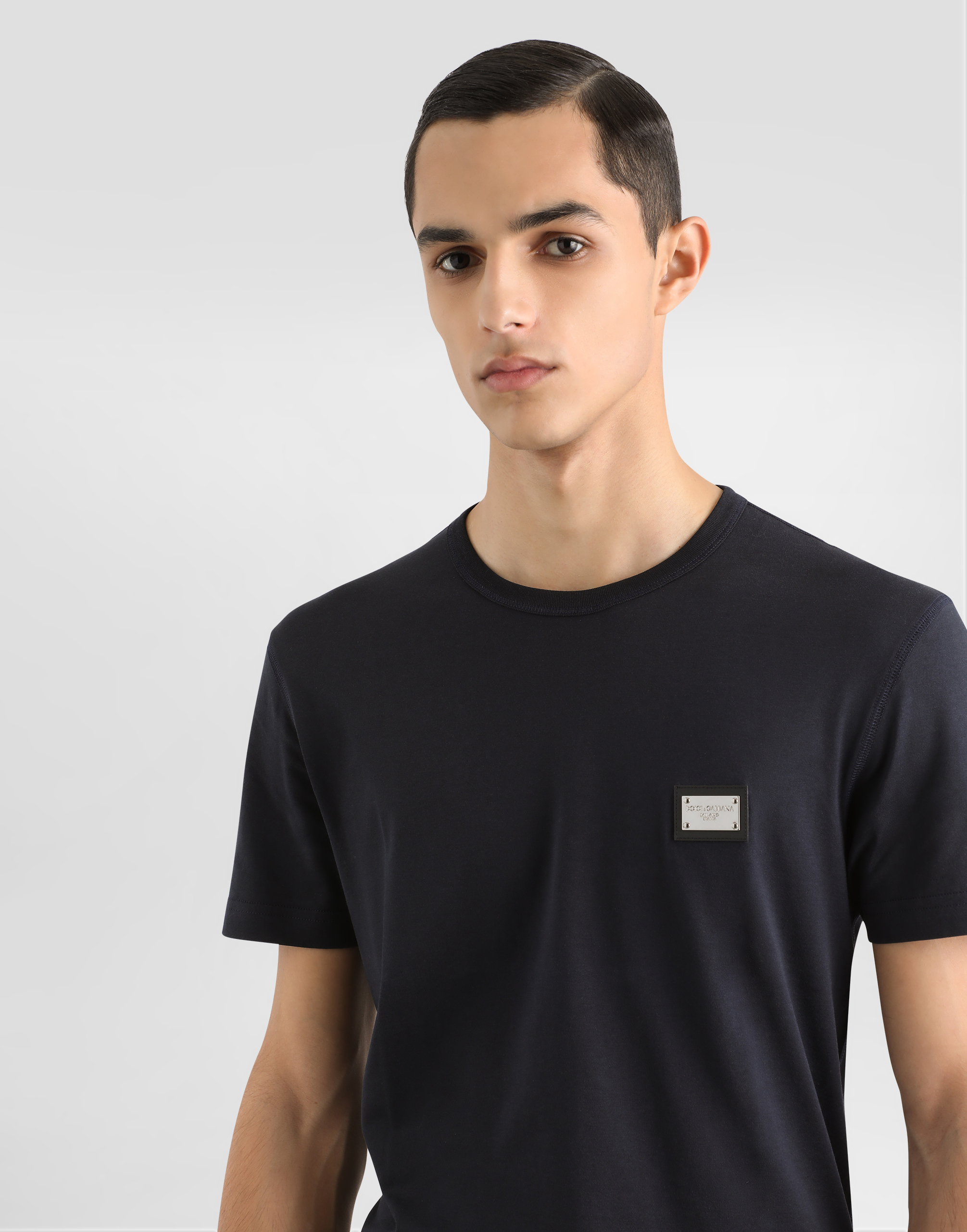 Dolce & Gabbana Silver Plaque Soft Cotton T-shirt In Blue