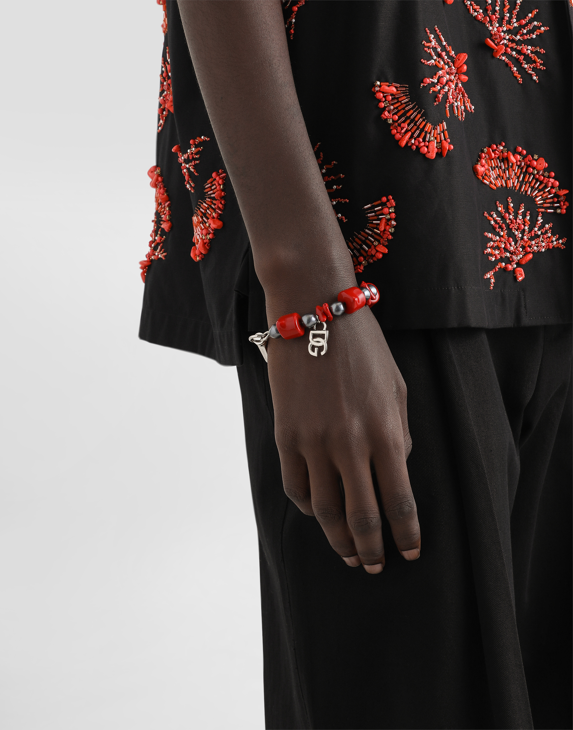 Dolce & Gabbana Metal Bracelet With Coral Details And Logo In Silver