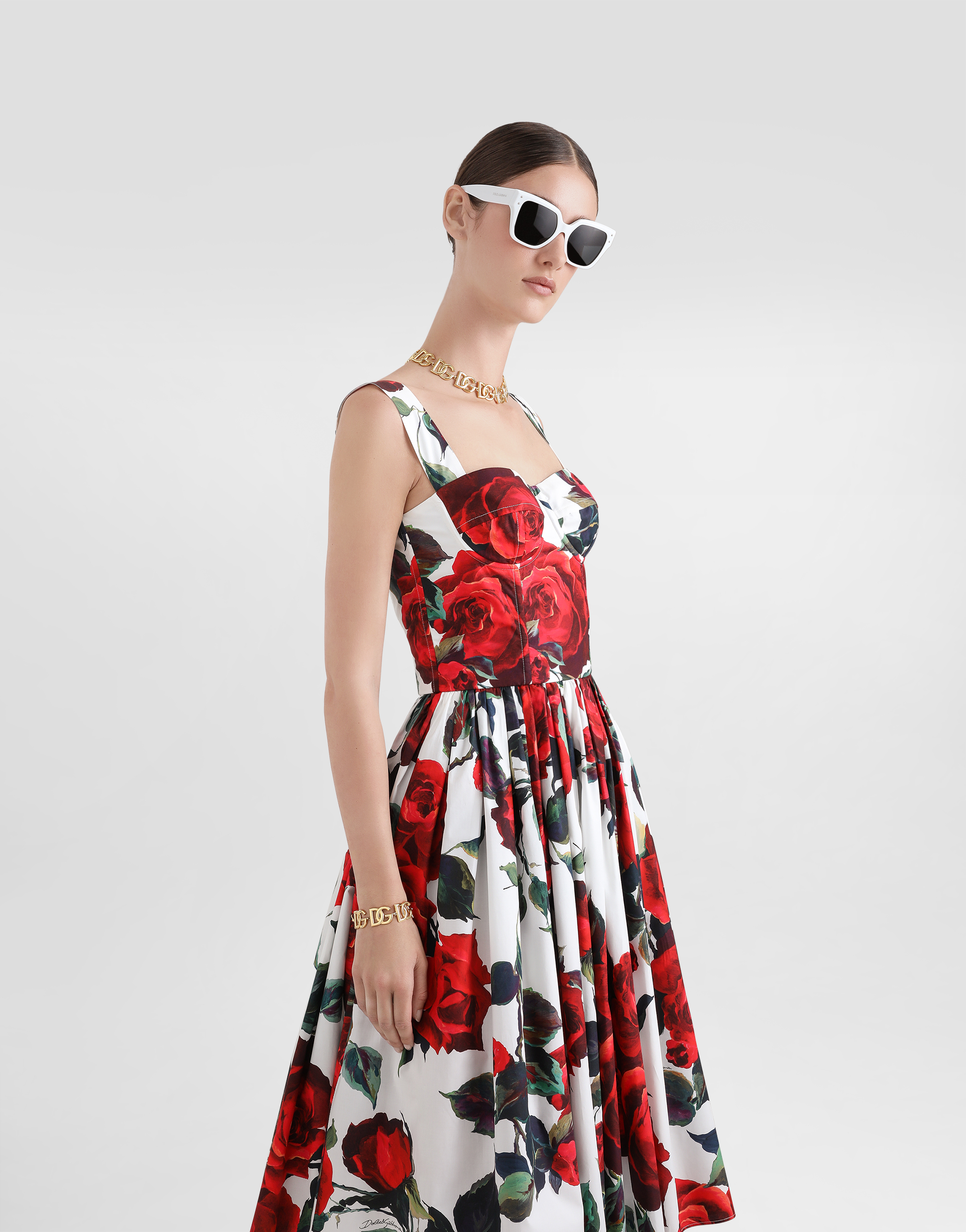 Dolce & Gabbana Calf-length Corset Dress With Rose Print In Print