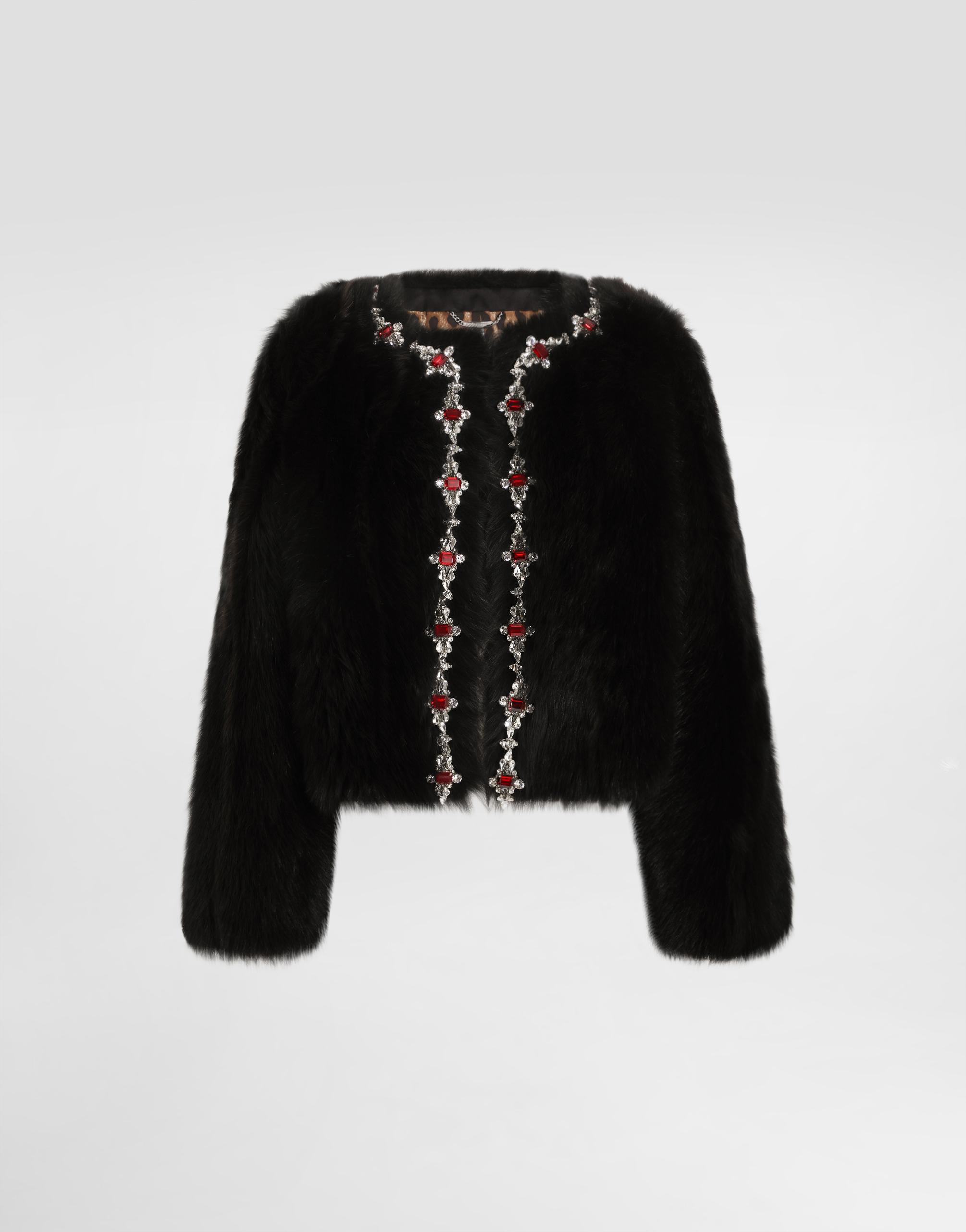 Dolce & Gabbana Fluffy Sheepskin Jacket With Inlay In Black
