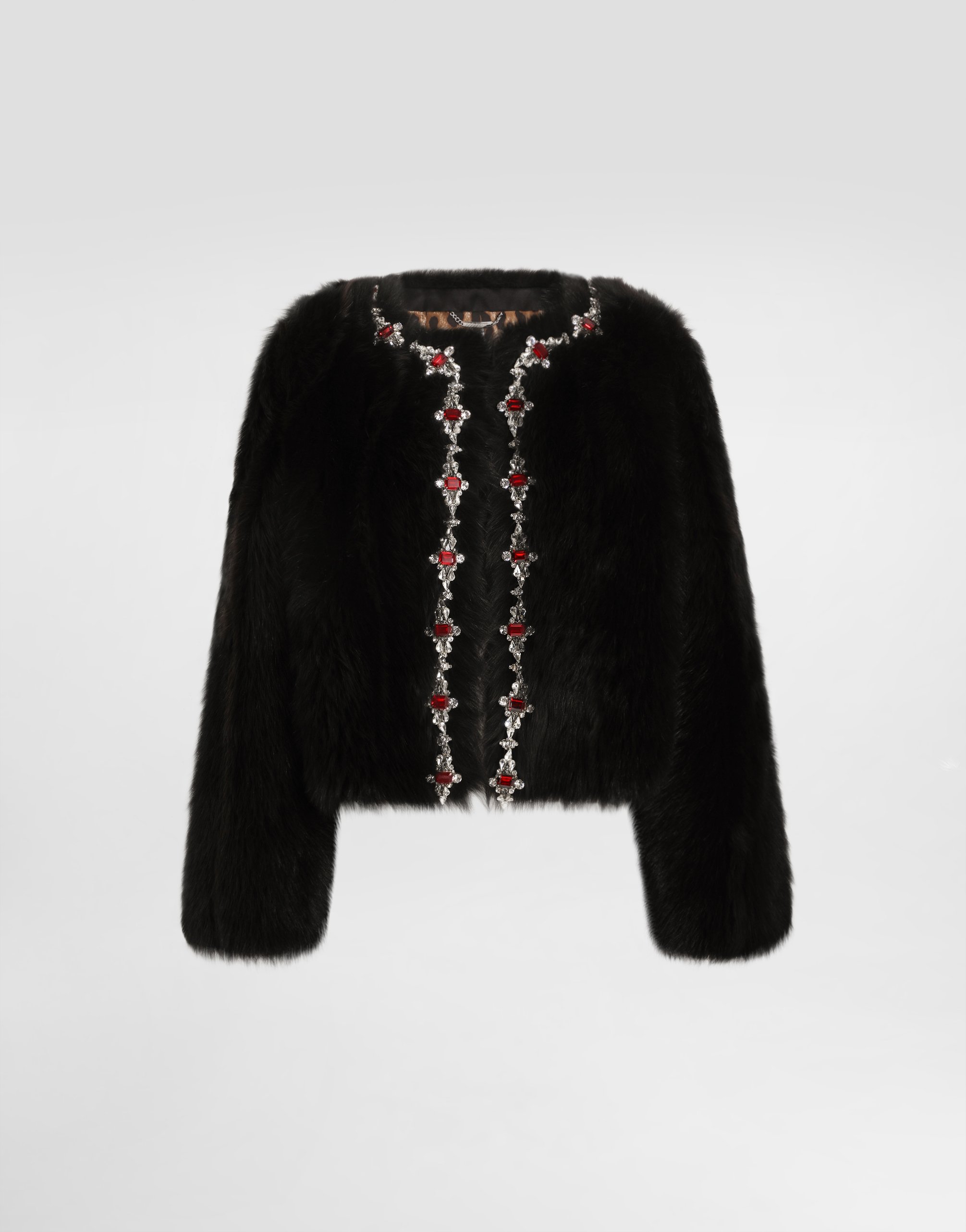 Dolce & Gabbana Fluffy Sheepskin Jacket With Inlay In Black