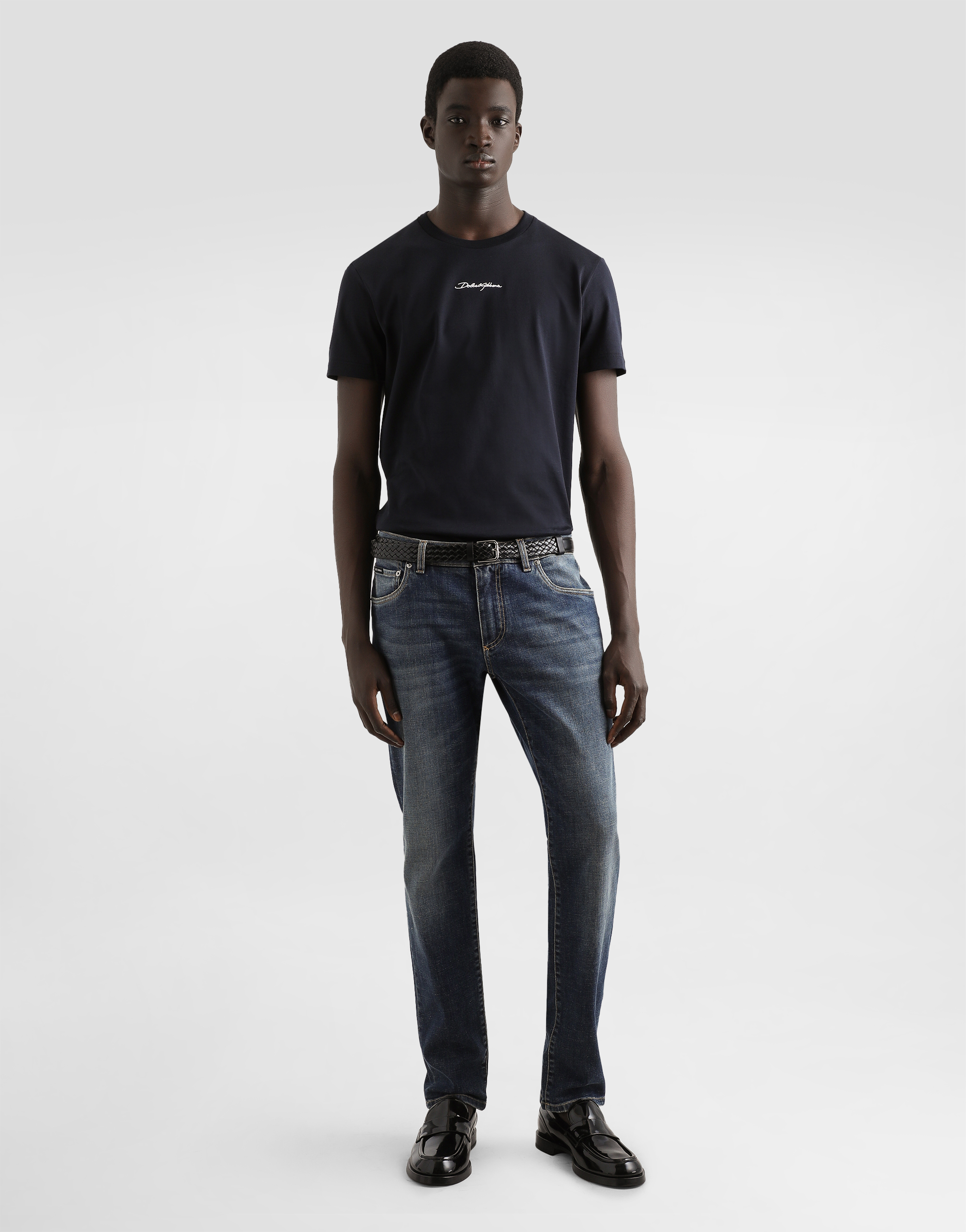 Dolce & Gabbana Black Crewneck T-shirt With Signature Logo In Cotton Man In Blue