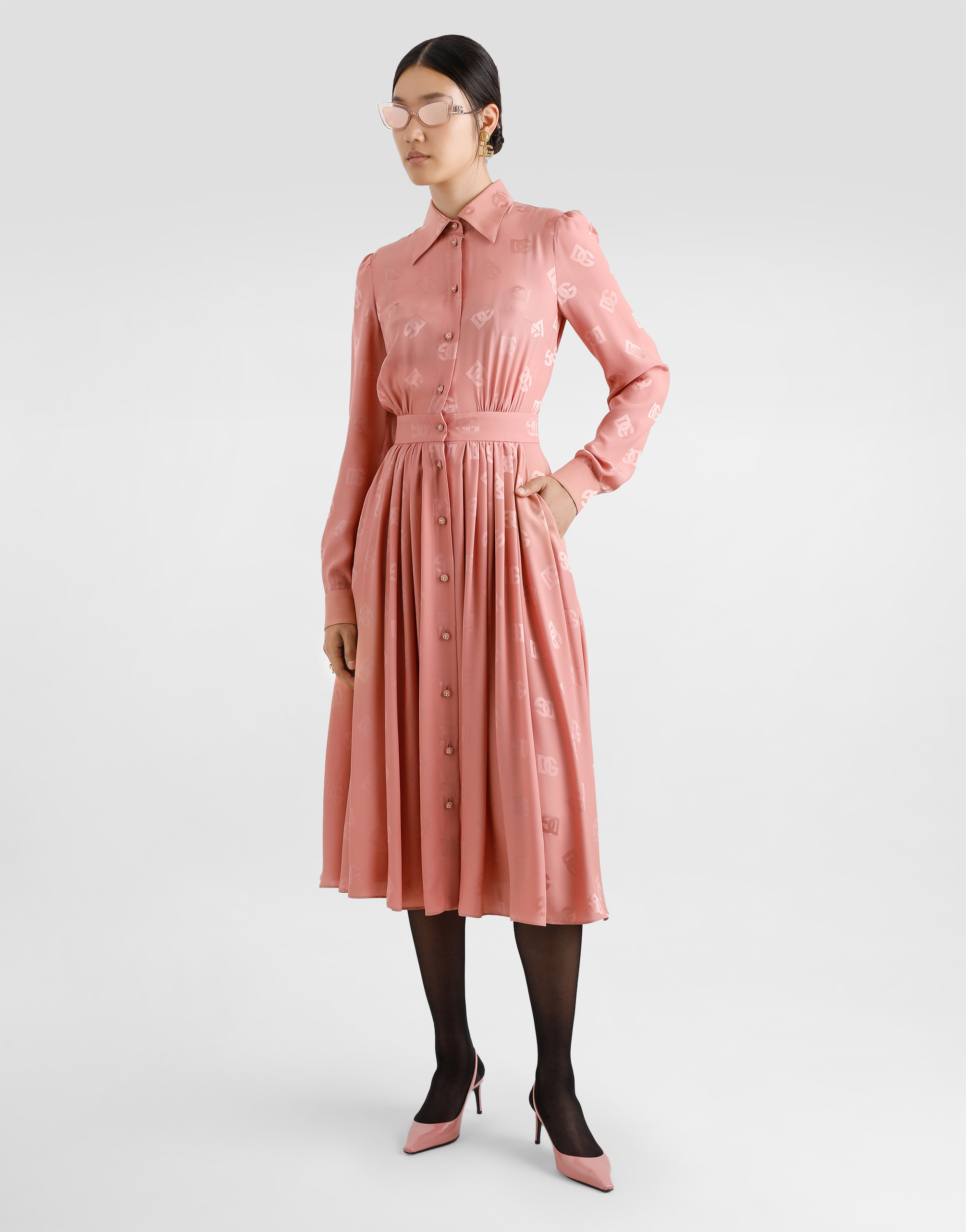 Dolce & Gabbana Silk Satin Jacquard Shirt Dress With Dg Logo In Pink