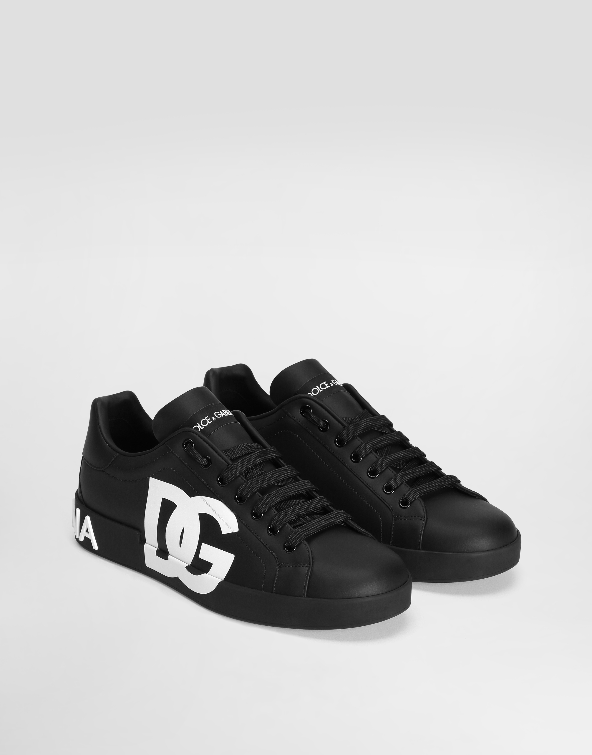 Shop Dolce & Gabbana Calfskin Nappa Portofino Sneakers With Dg Logo Print In Black