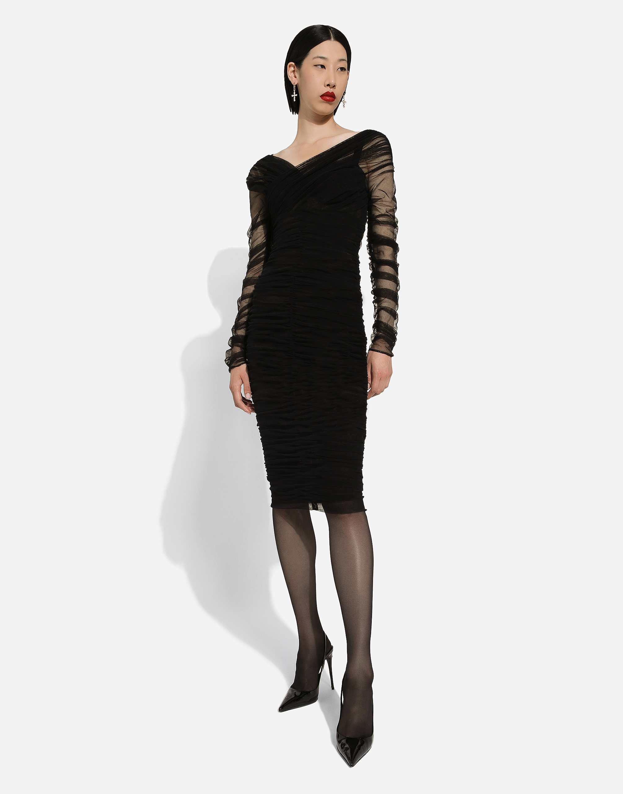 Dolce & Gabbana Draped Midi Dress In Cotton Tulle In Black