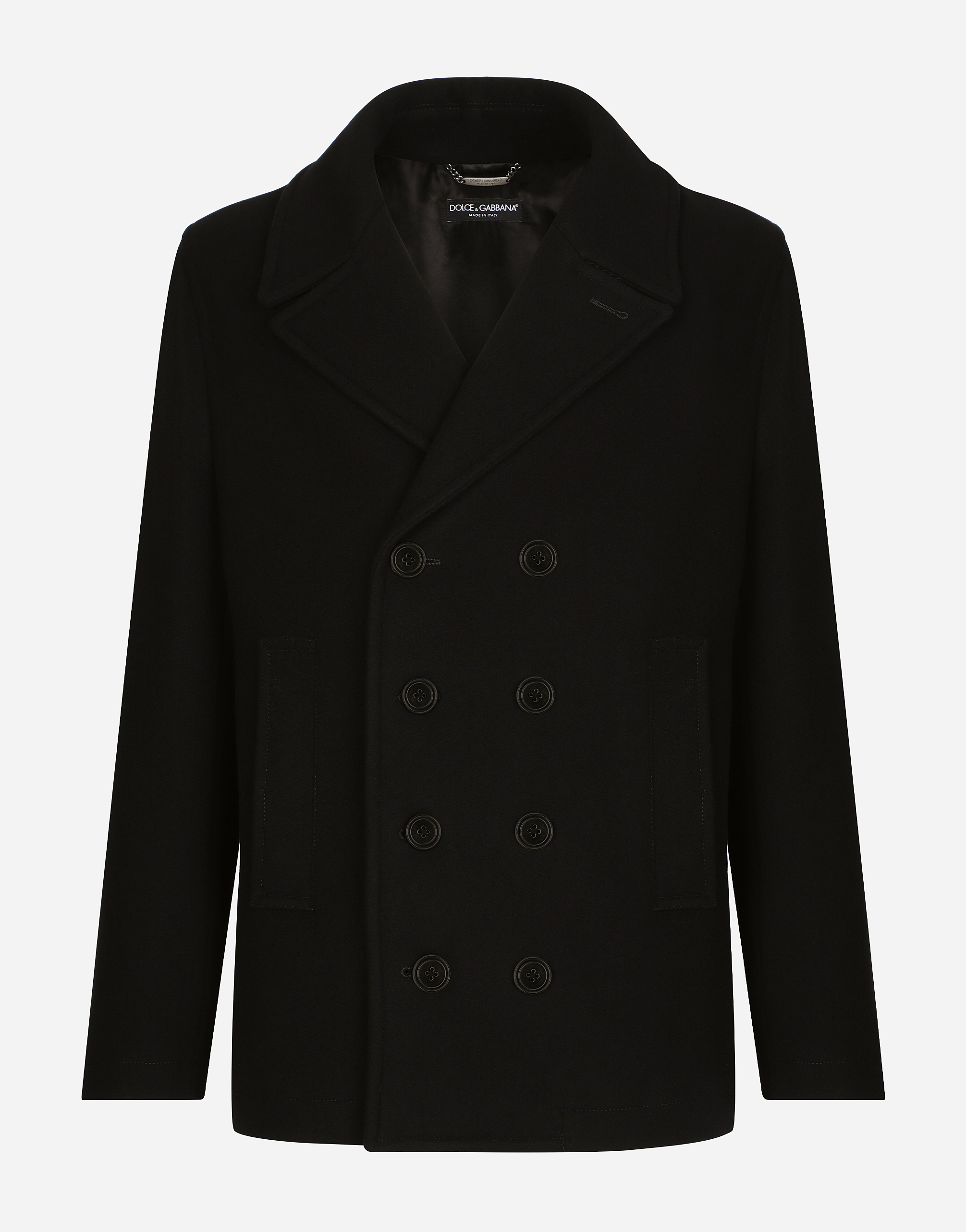 Dolce & Gabbana Double-breasted Wool Pea Coat With Branded Tag In Black