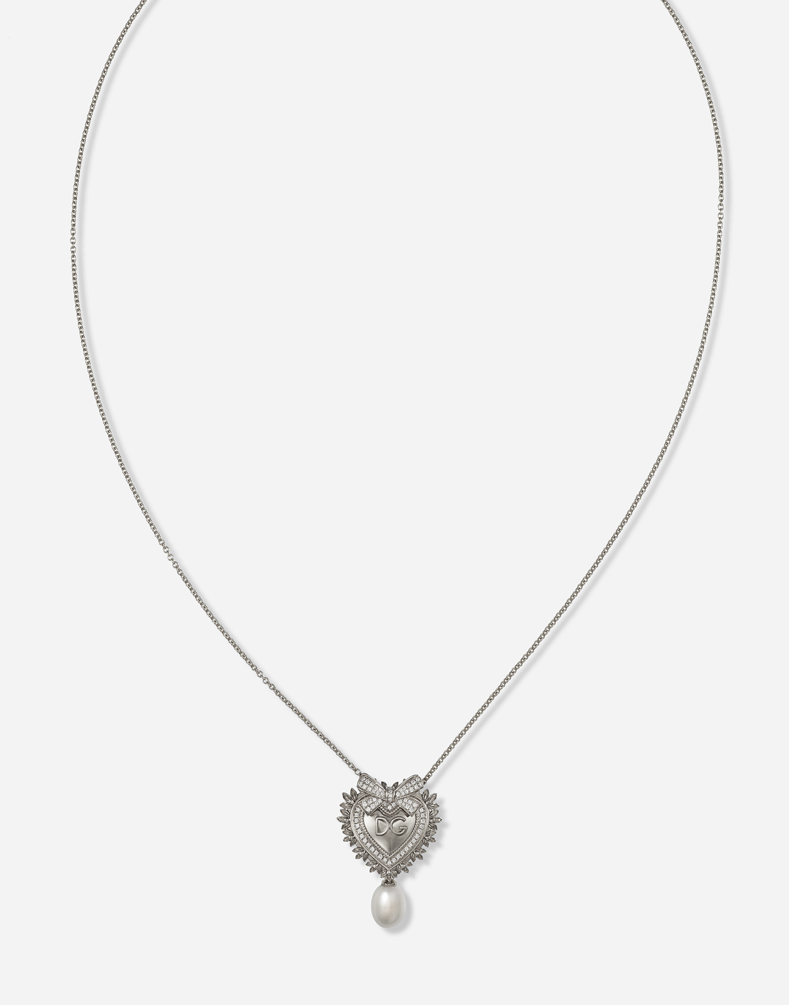Shop Dolce & Gabbana Devotion Necklace In White Gold With Diamonds And Pearls