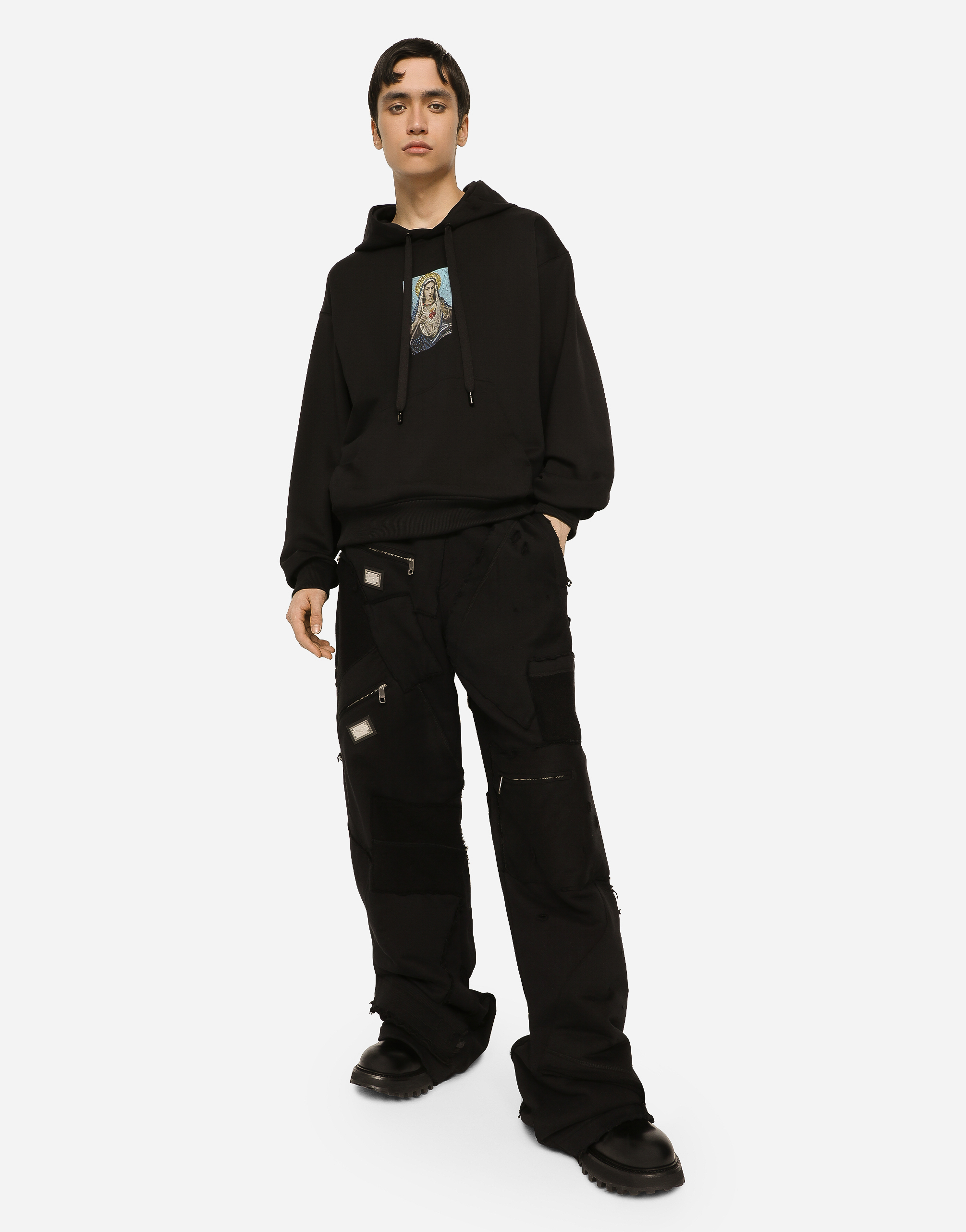 DOLCE & GABBANA JERSEY HOODIE WITH PRINT AND FUSIBLE RHINESTONE EMBELLISHMENT