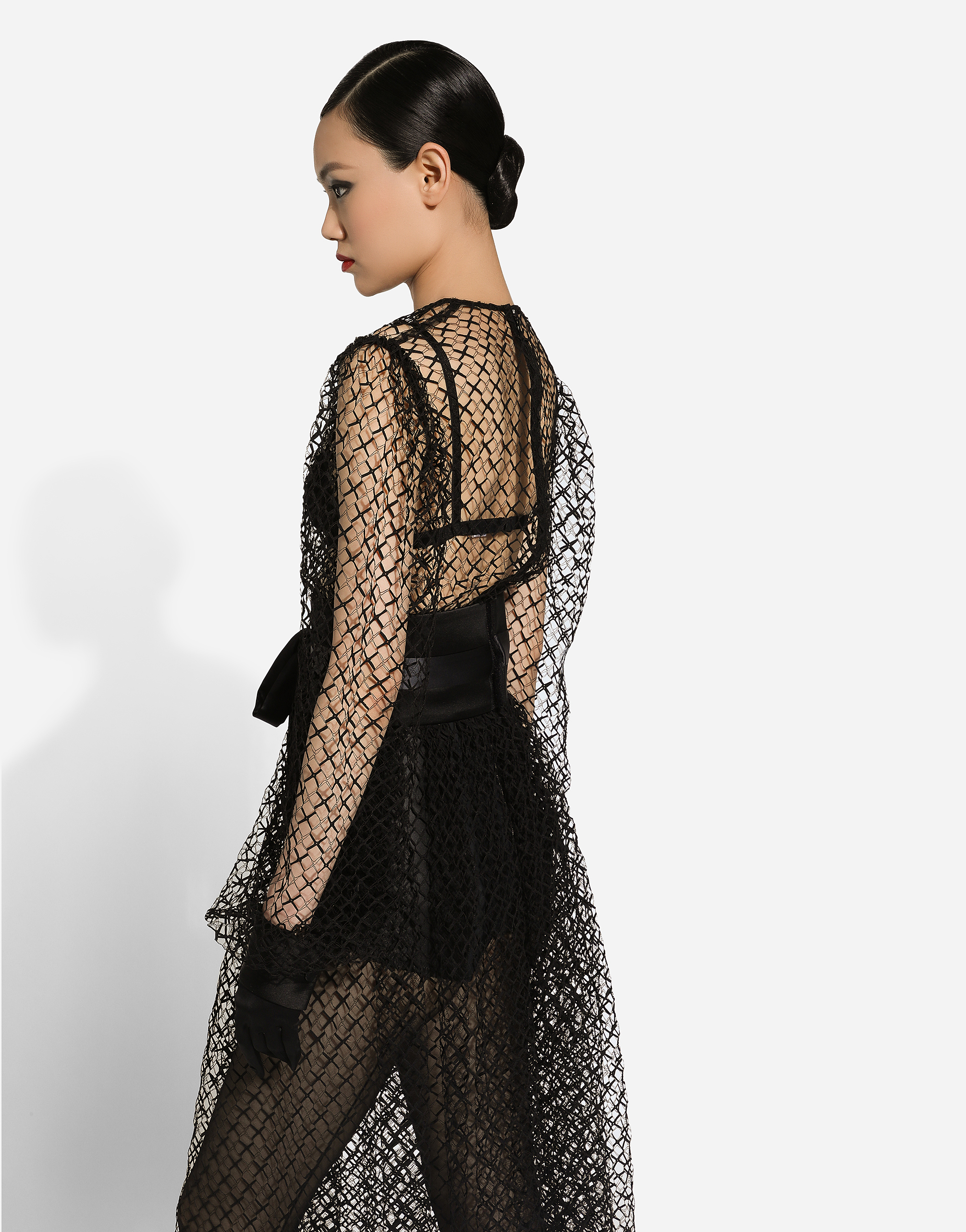 Calf-length mesh dress with wool crepe belt