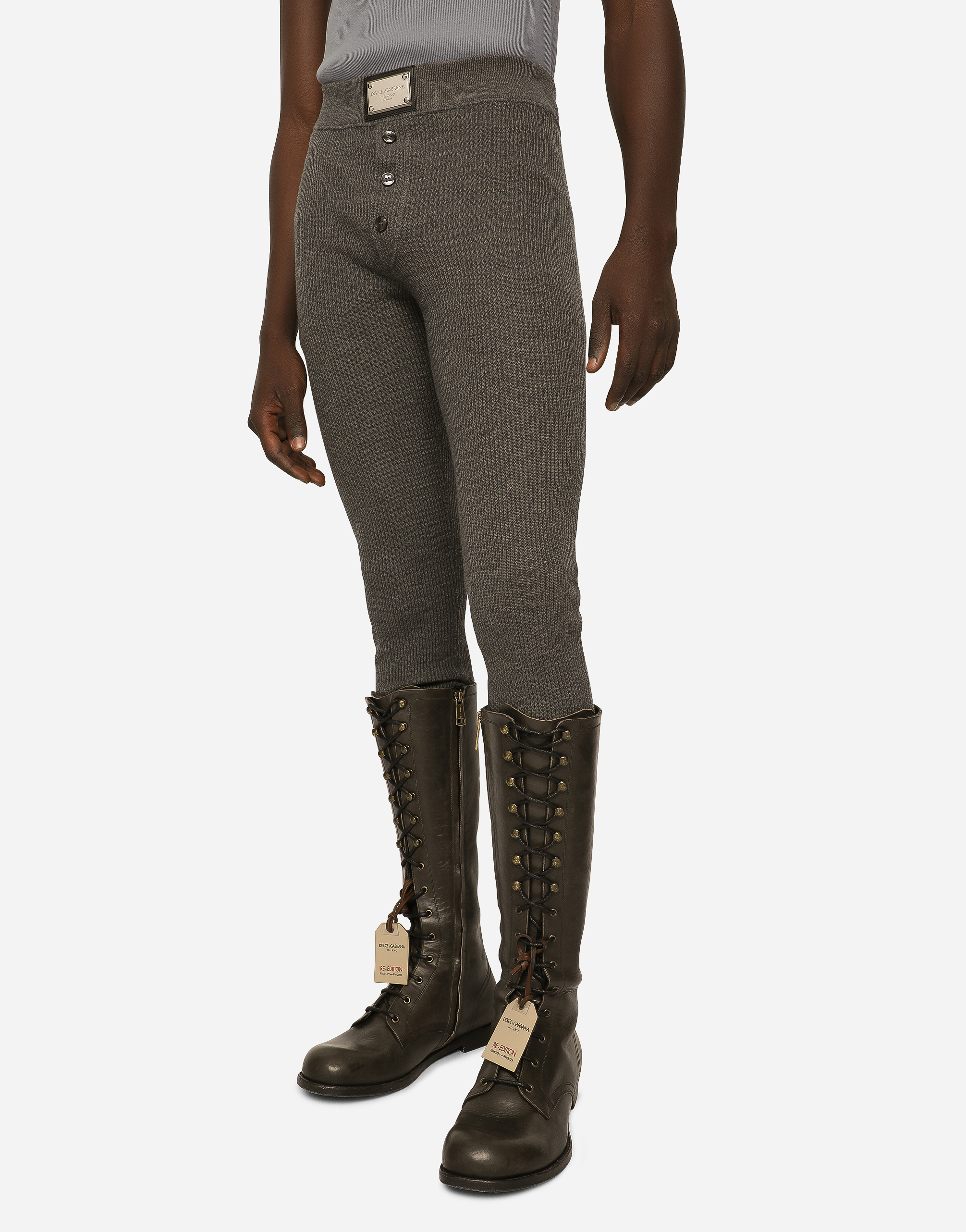 DOLCE & GABBANA WOOL FINE-RIB LEGGINGS WITH LOGO TAG
