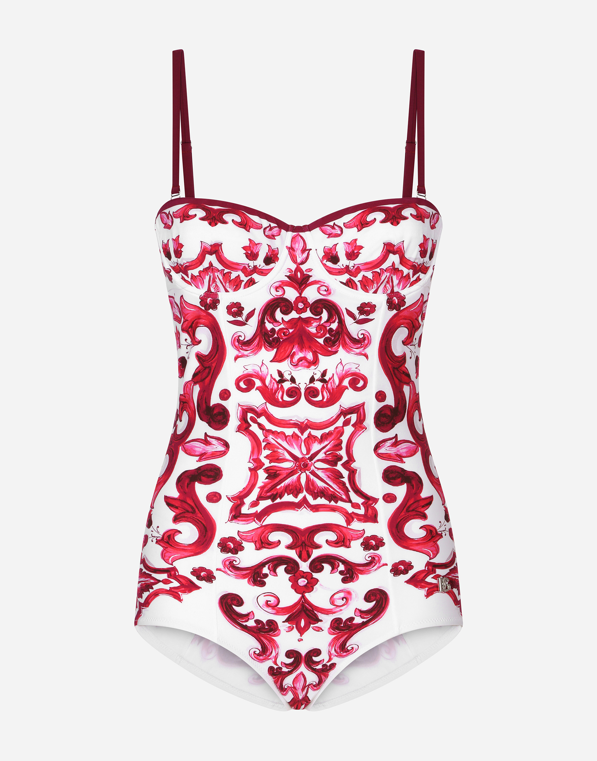 Shop Dolce & Gabbana Majolica Print Balconette One-piece Swimsuit In Multicolor