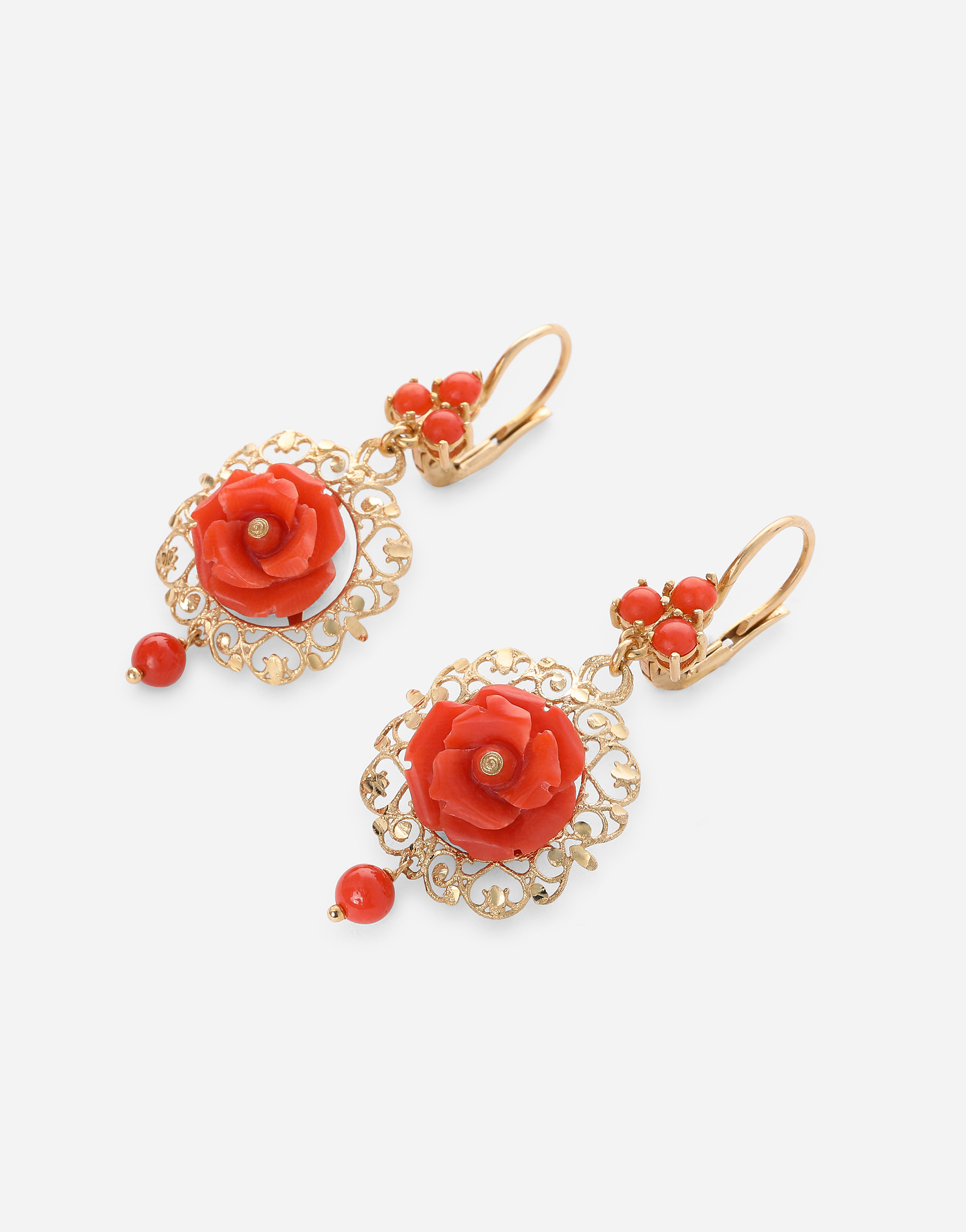DOLCE & GABBANA CORAL LEVERBACK EARRINGS IN YELLOW 18KT GOLD WITH CORAL ROSES