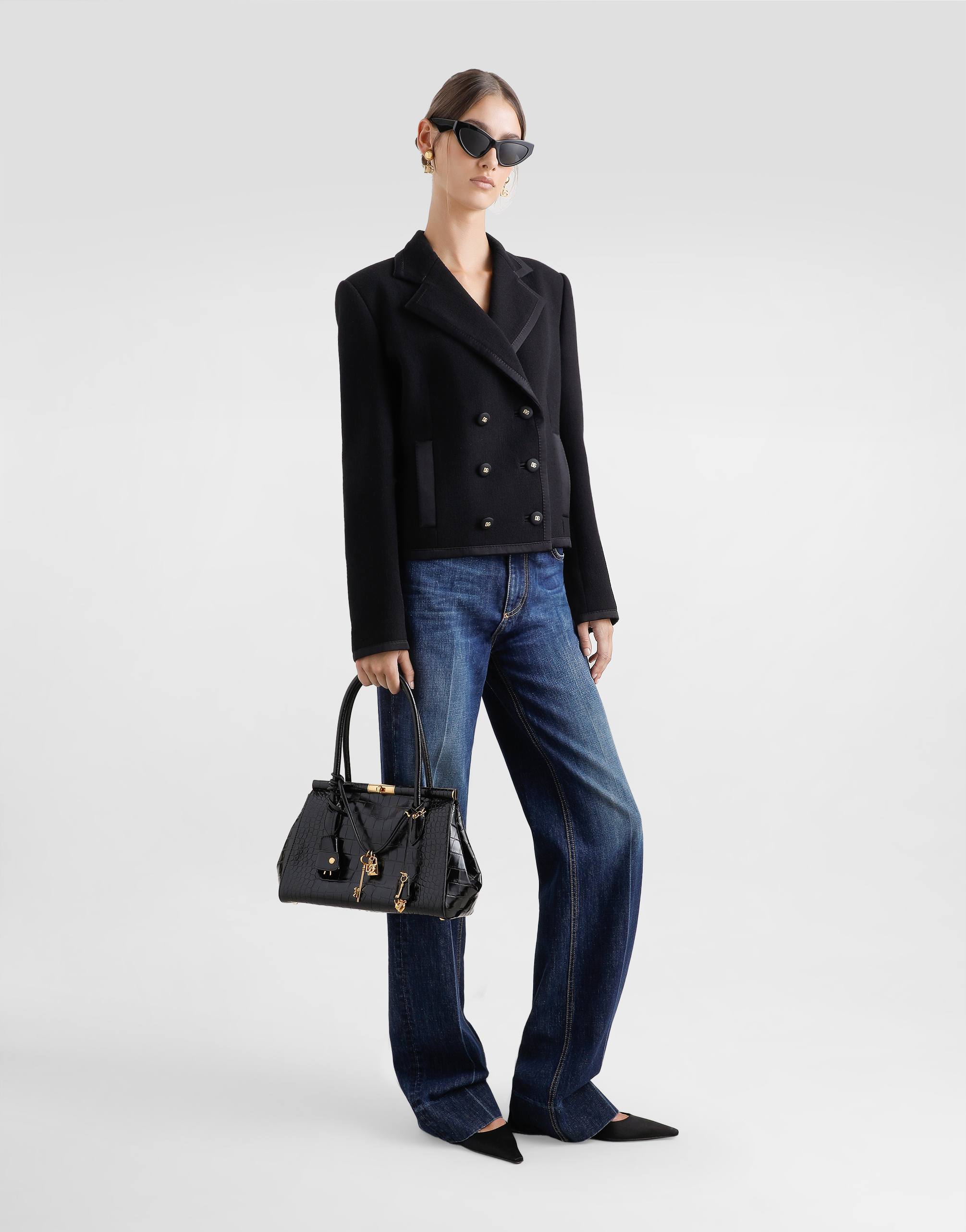 Dolce & Gabbana Marlene Charm Croc-embossed Leather Shoulder Bag In Black